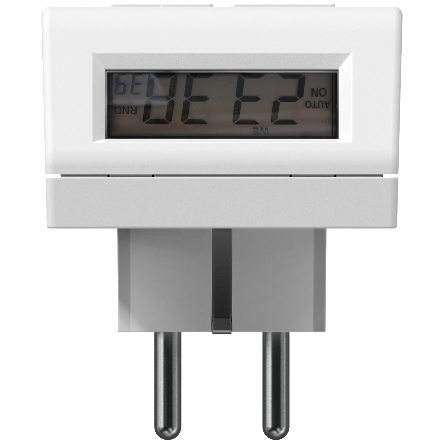 A white digital timer plug with a display showing 23.38. The plug has two silver pins.