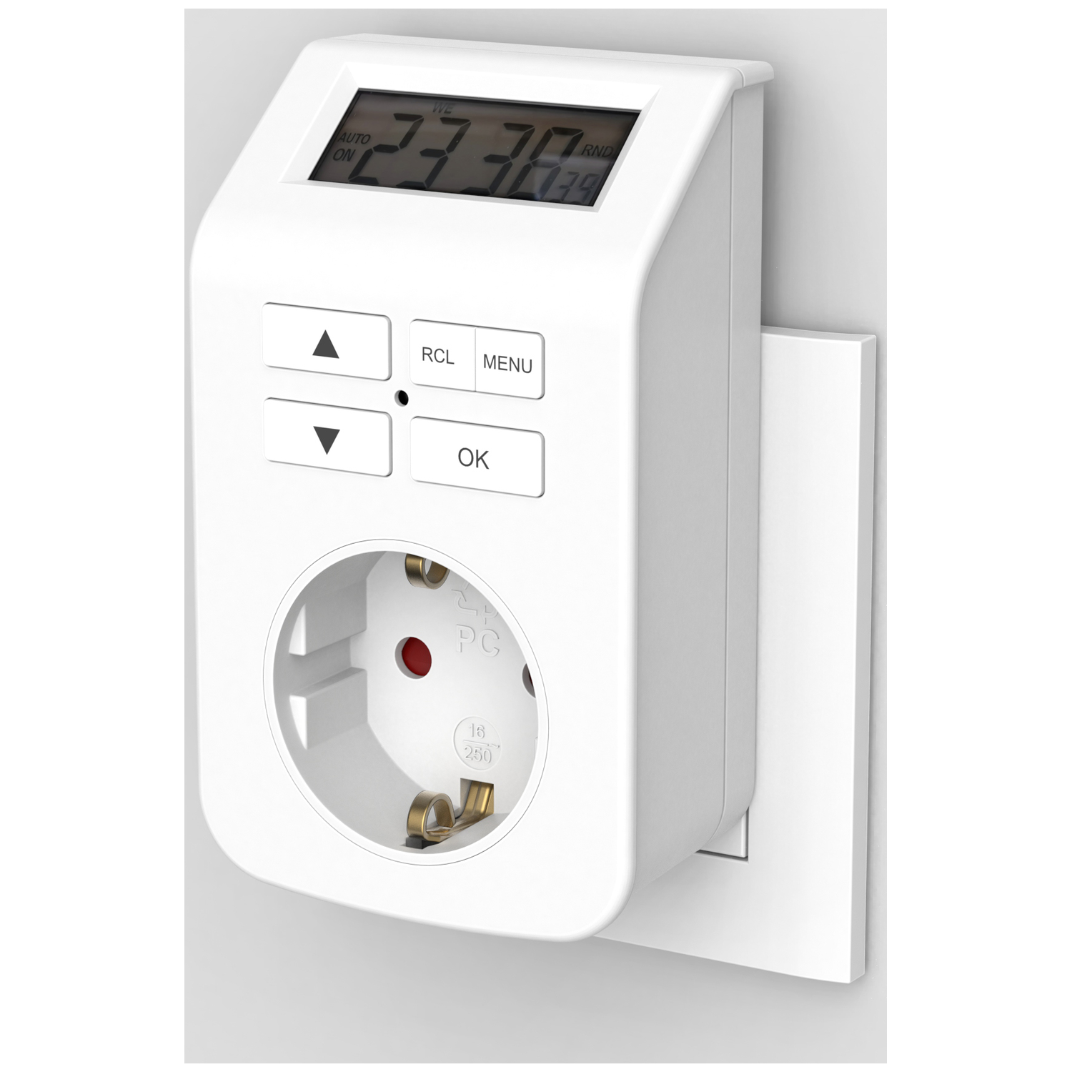 A white digital thermostat plugged into a wall outlet. It displays temperature and has buttons for control and a socket.