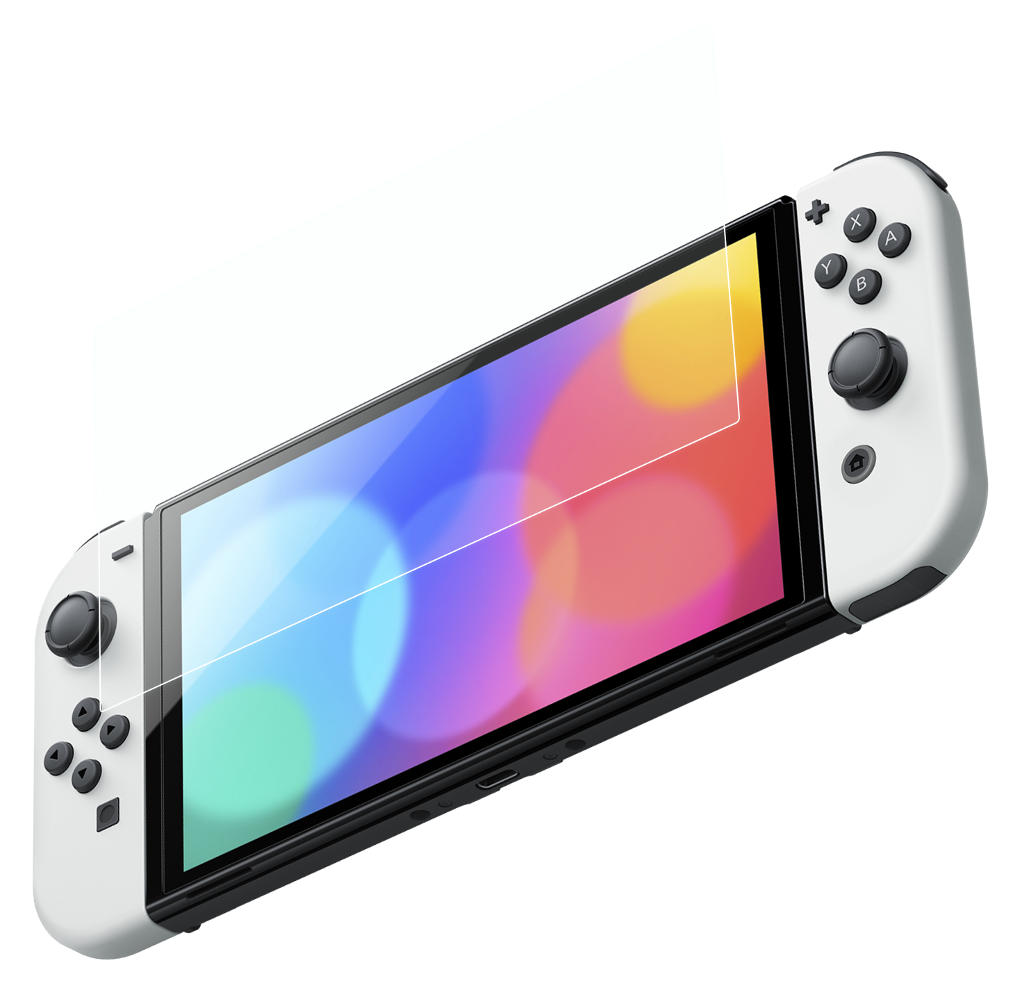 Biała konsola Nintendo Switch z osłoną ekranu. Kolorowe, rozmyte tło. Prawy kontroler ma przyciski. Czarne tło.
