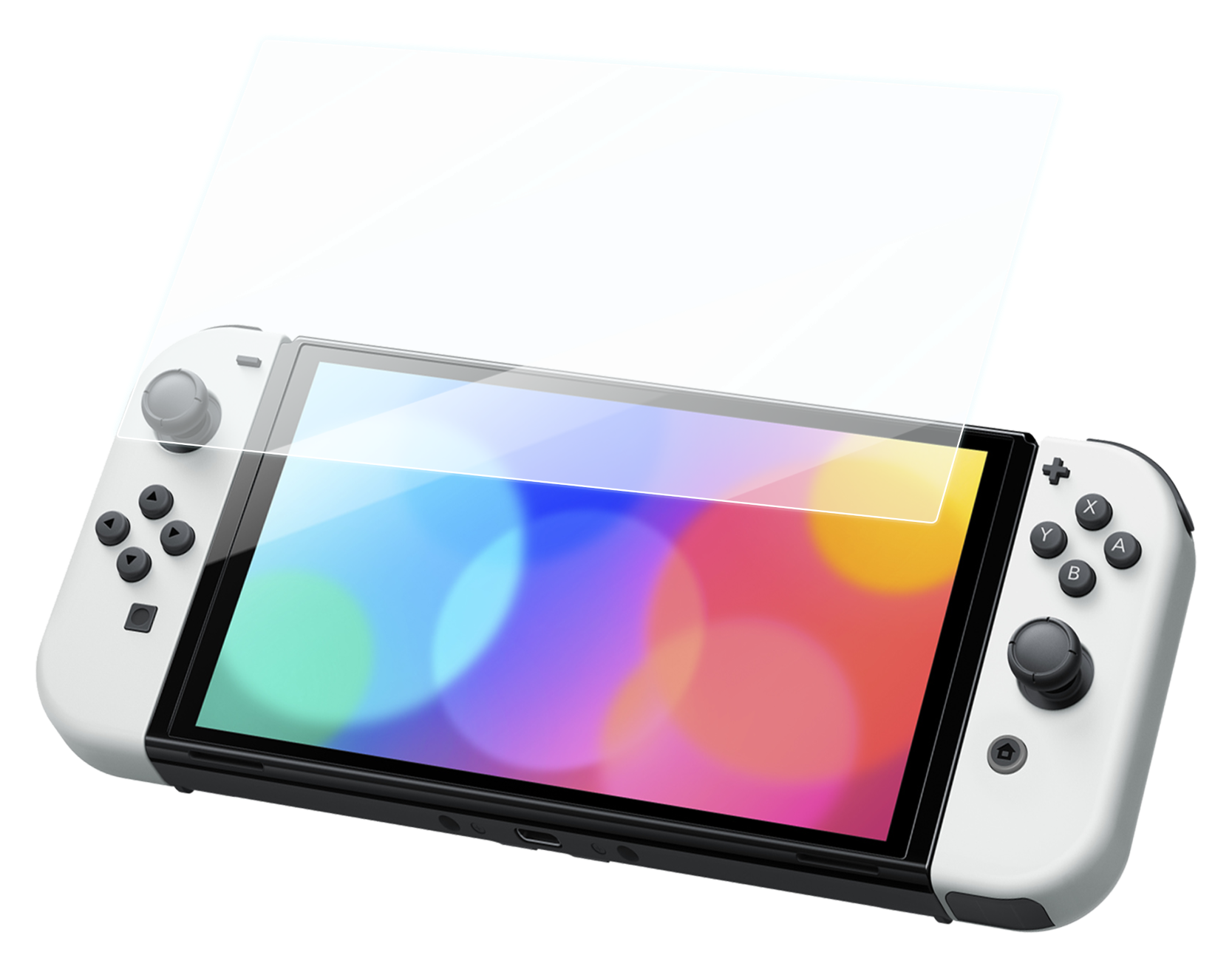 Biała konsola Nintendo Switch z osłoną ekranu. Ekran wyświetla kolorowe, rozmyte tło. Joy-Cony są białe z czarnymi przyciskami.
