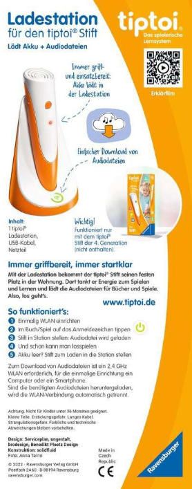 Werbung für eine tiptoi-Ladestation. Sie zeigt die Station mit einem orange-weißen Stift, Text und einem QR-Code.