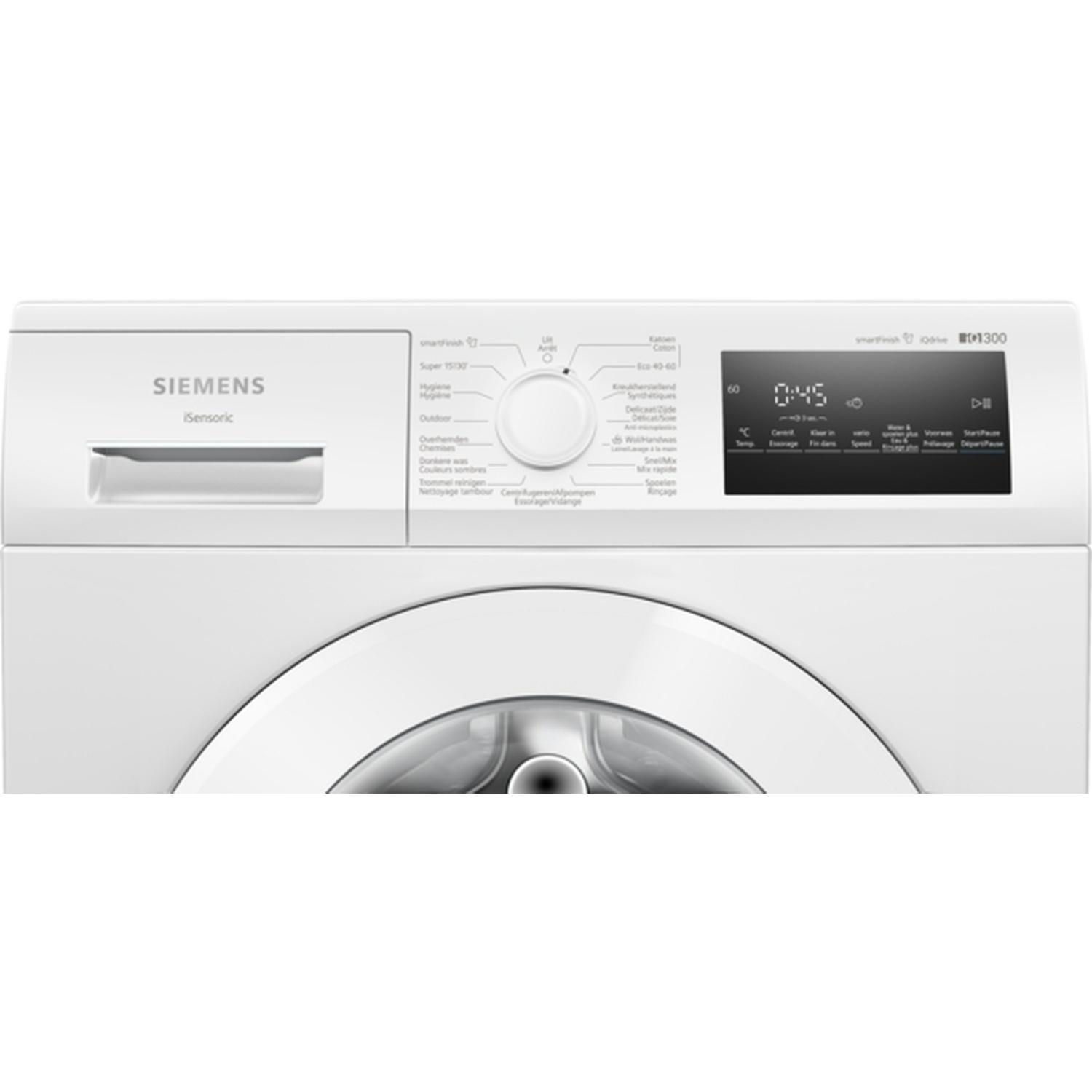 A white Siemens washing machine. It has a control panel with a digital display and various program options.