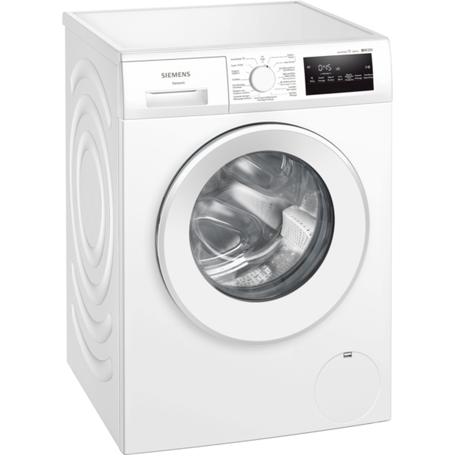 A white Siemens washing machine. It has a round door and a control panel. The machine is on a white background.