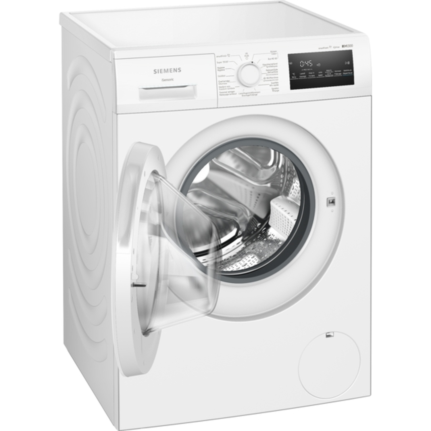 A white Siemens washing machine with an open door. The digital display shows 0:45. The machine is on a white background.