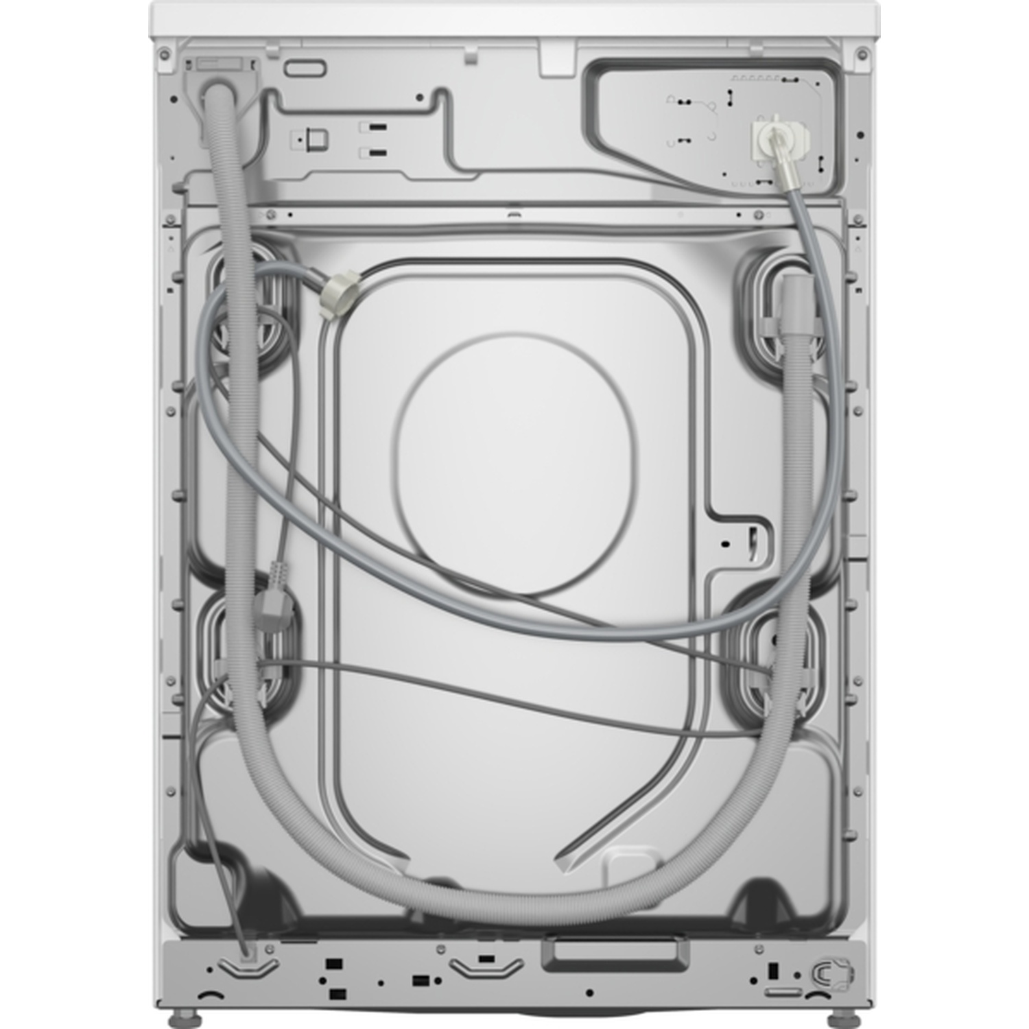 The back of a washing machine. It features a metal frame with various hoses and wires attached. A large central opening is visible.