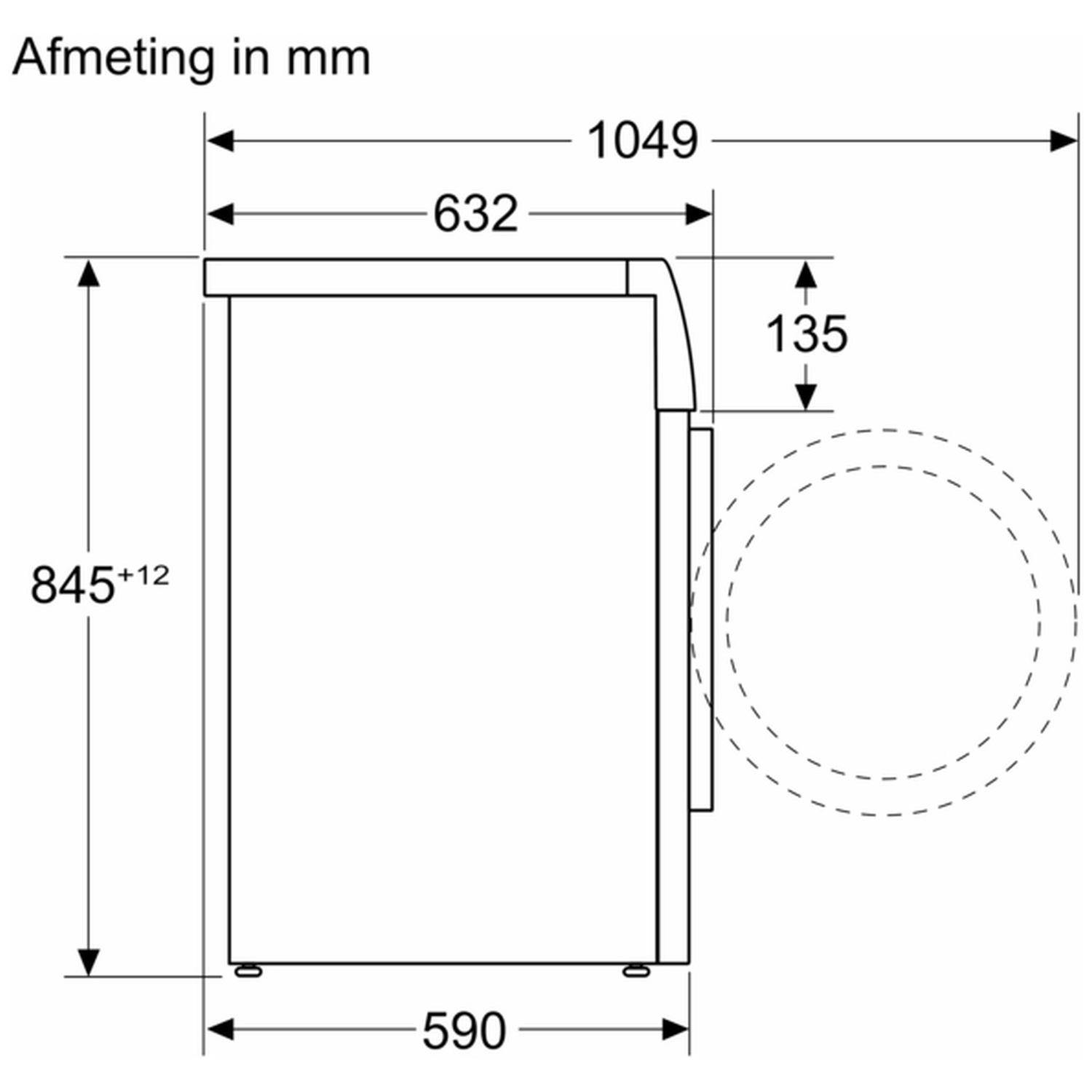 Diagram of a white appliance, side view. Dimensions are in mm: 1049x845x590. A dashed circle suggests a drum.