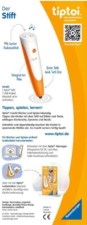 Ein orange-weißer tiptoi-Stift mit Text und Grafiken auf gelb-weißem Hintergrund.