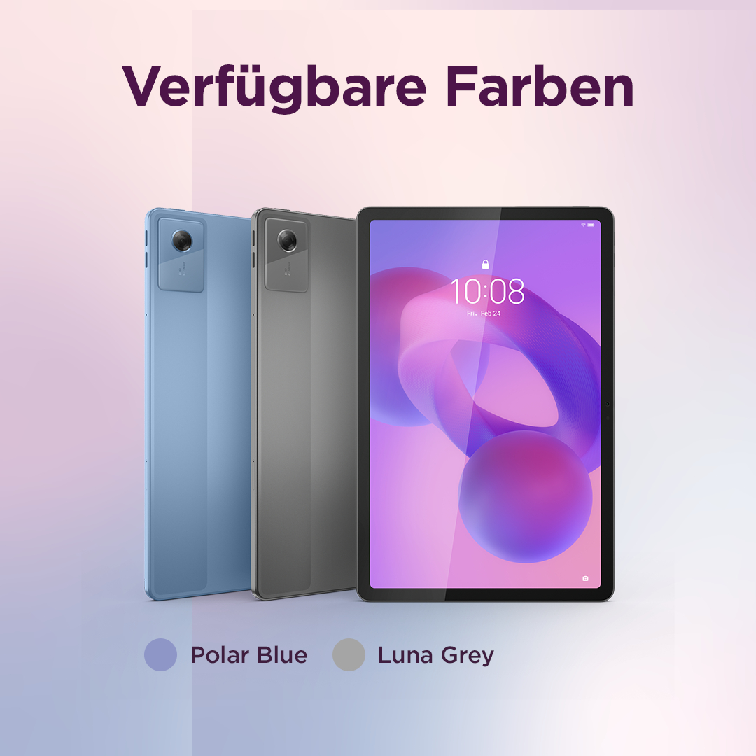 Das Bild zeigt Tablets in Polarblau und Lunagrau. Ein Tablet ist eingeschaltet und zeigt die Uhrzeit. Text: 'Verfügbare Farben'.