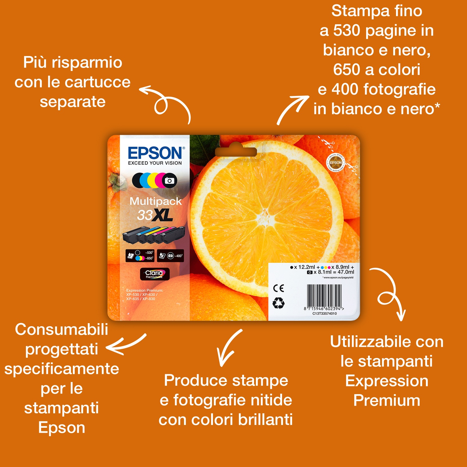 Un pacco di cartucce d'inchiostro Epson con una fetta d'arancia sullo sfondo, che mostra specifiche e caratteristiche.