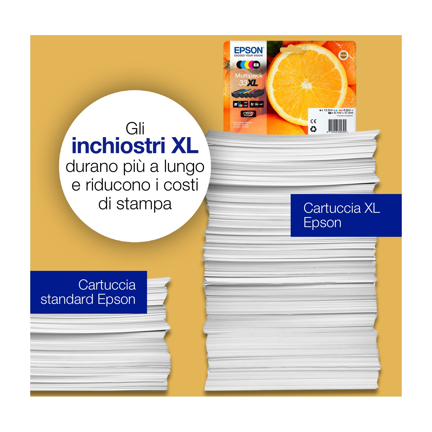 L'immagine mostra cartucce d'inchiostro Epson e una pila di carta. Il testo promuove l'inchiostro XL per durata e costi ridotti.
