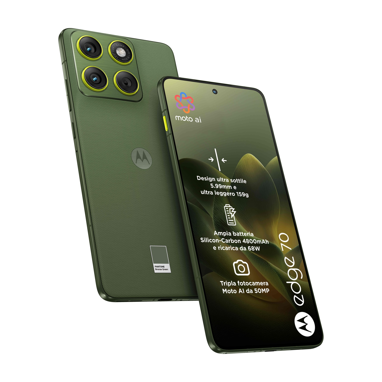 Smartphone verde con tripla fotocamera, schermo con info e la scritta 'edge 70'. Il telefono è a fuoco.