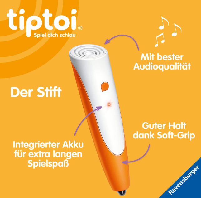 Ein orange-weißer tiptoi-Stift mit Text, der Funktionen wie Audioqualität, Soft-Grip und integrierten Akku beschreibt.