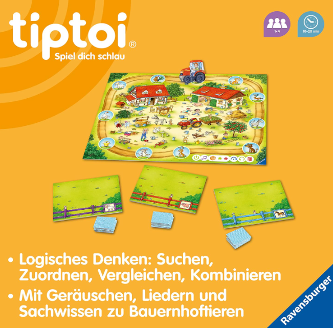 Ein Brettspiel zum Thema Bauernhof mit Traktor, Häusern und Tieren. Karten mit Zäunen im Vordergrund. Text enthält 'tiptoi' und 'Ravensburger'.