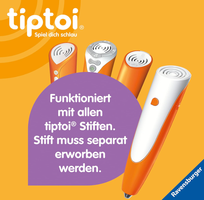 Das Bild zeigt orange und weiße tiptoi-Stifte. Der Text lautet: funktioniert mit allen tiptoi Stiften. Stift muss separat erworben werden.