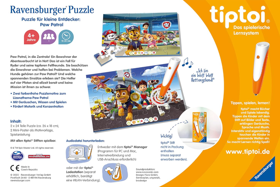 Puzzledose mit Paw Patrol-Charakteren, einem Spielzeugstift und Text auf Deutsch.