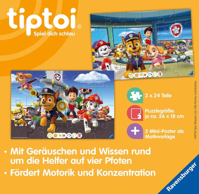Puzzledose mit Paw Patrol-Charakteren. Enthält zwei Puzzles mit je 24 Teilen. Die Box hat Paw Patrol-Bilder.