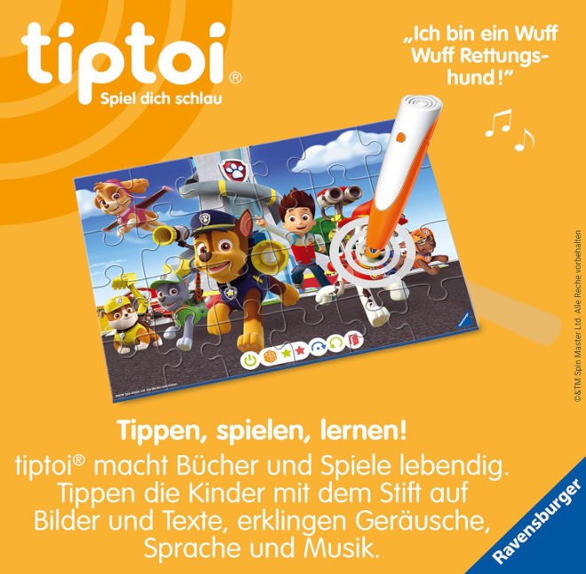 Puzzle mit Paw Patrol-Figuren. Ein orangefarbener Stift berührt das Puzzle. Text: 'Tippen, spielen, lernen!' und 'Ravensburger'.