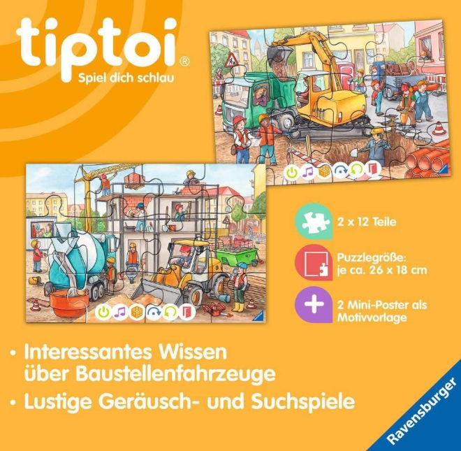 Puzzle mit Baustellenszenen: Lastwagen, Bagger, Arbeiter bauen ein Gebäude, Betonmischer und Rohre in einer Stadt.