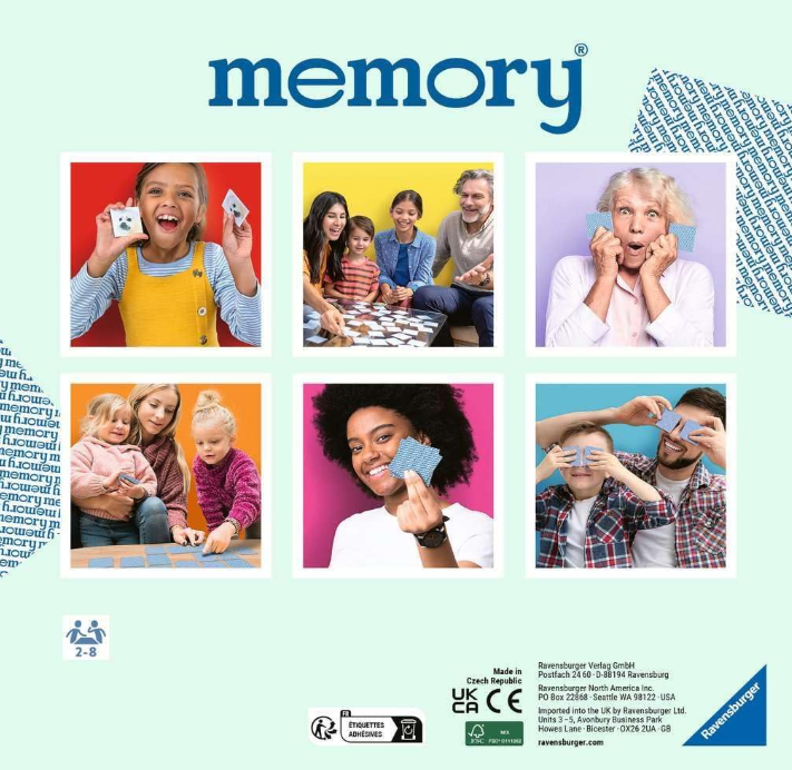 Die Memory-Spielbox zeigt Menschen beim Spielen. Sechs Bilder zeigen Menschen unterschiedlichen Alters beim Spielen.