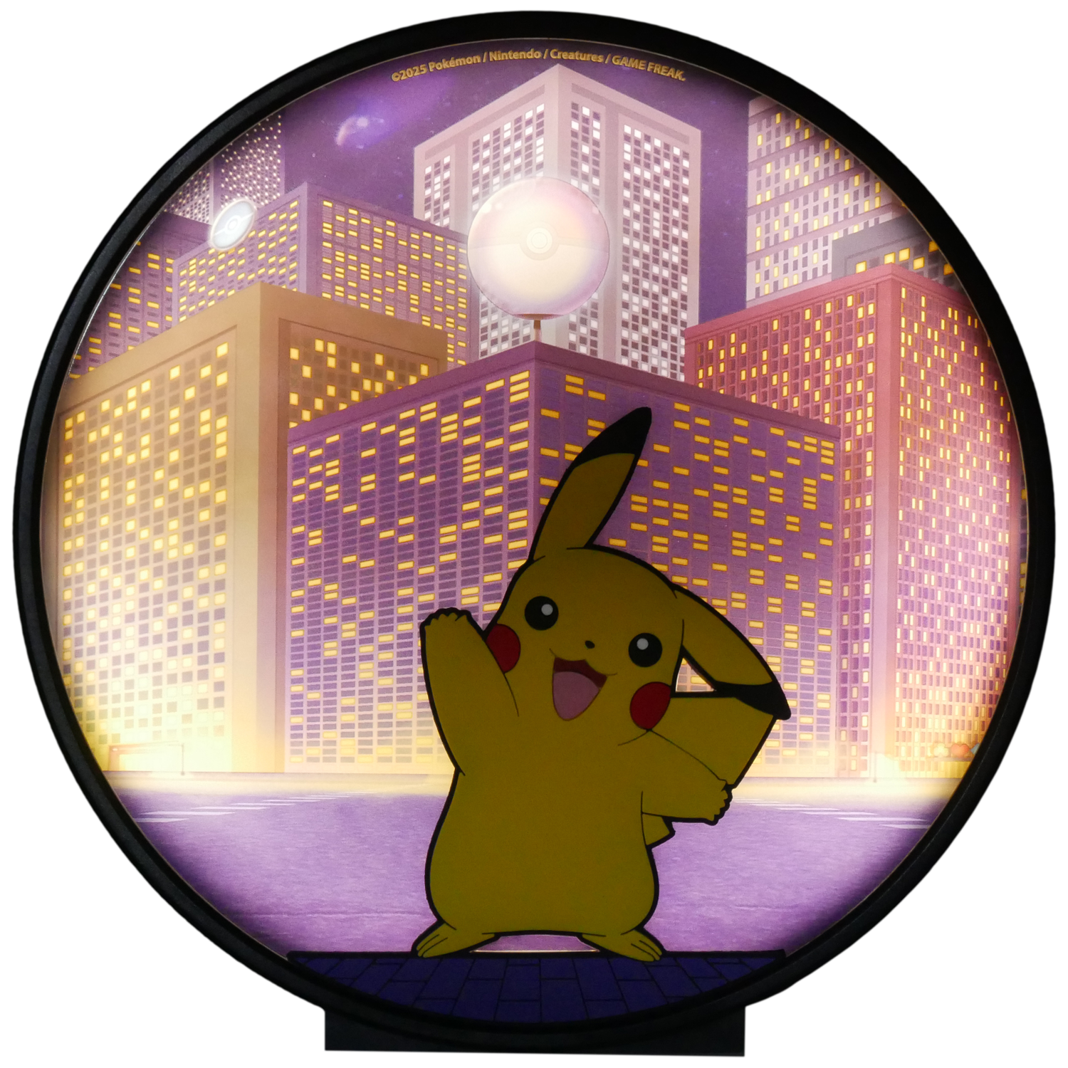 Pikachu in a city at night. Buildings with lit windows, a large ball, and the moon are in the background.