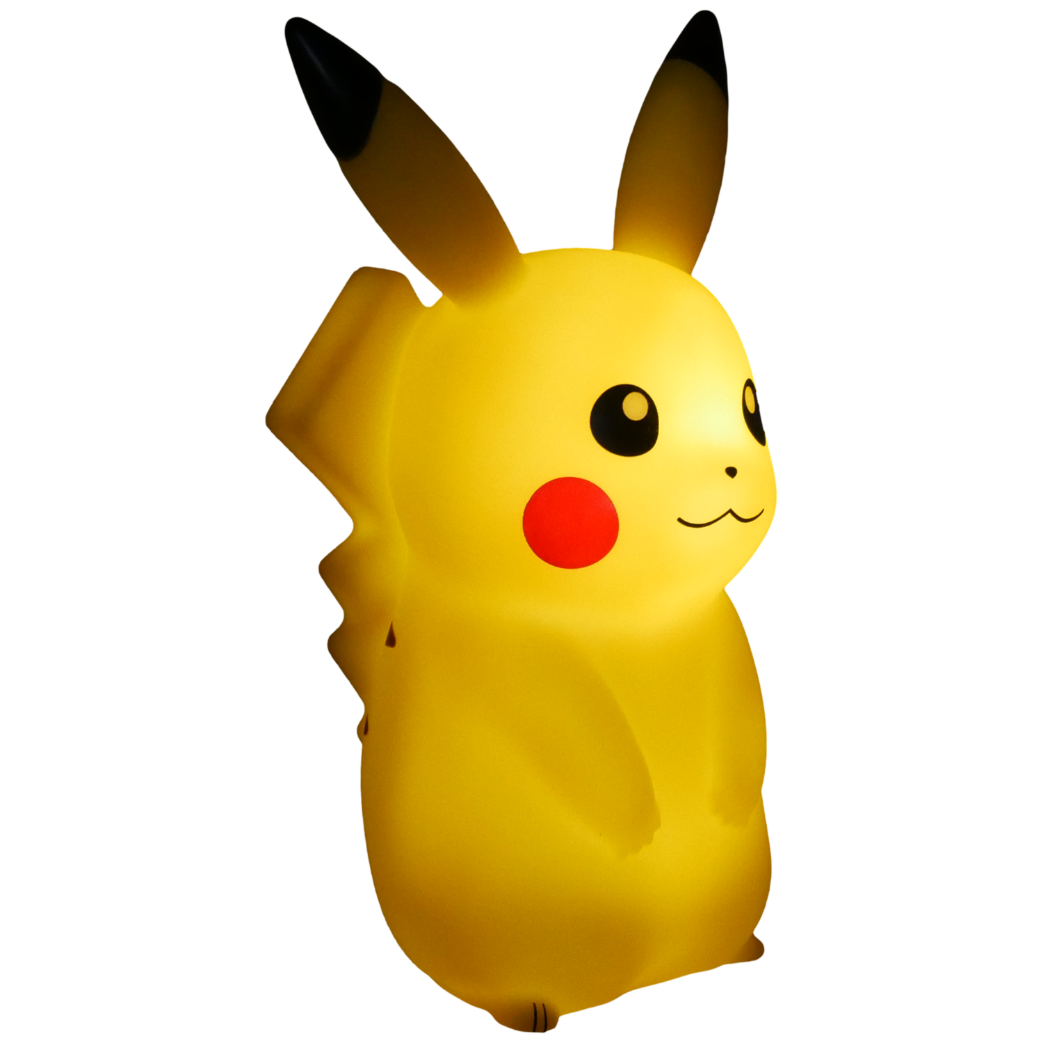 A Pikachu lamp. It's yellow with black-tipped ears, red cheeks, and a smiling face. It is lit up.