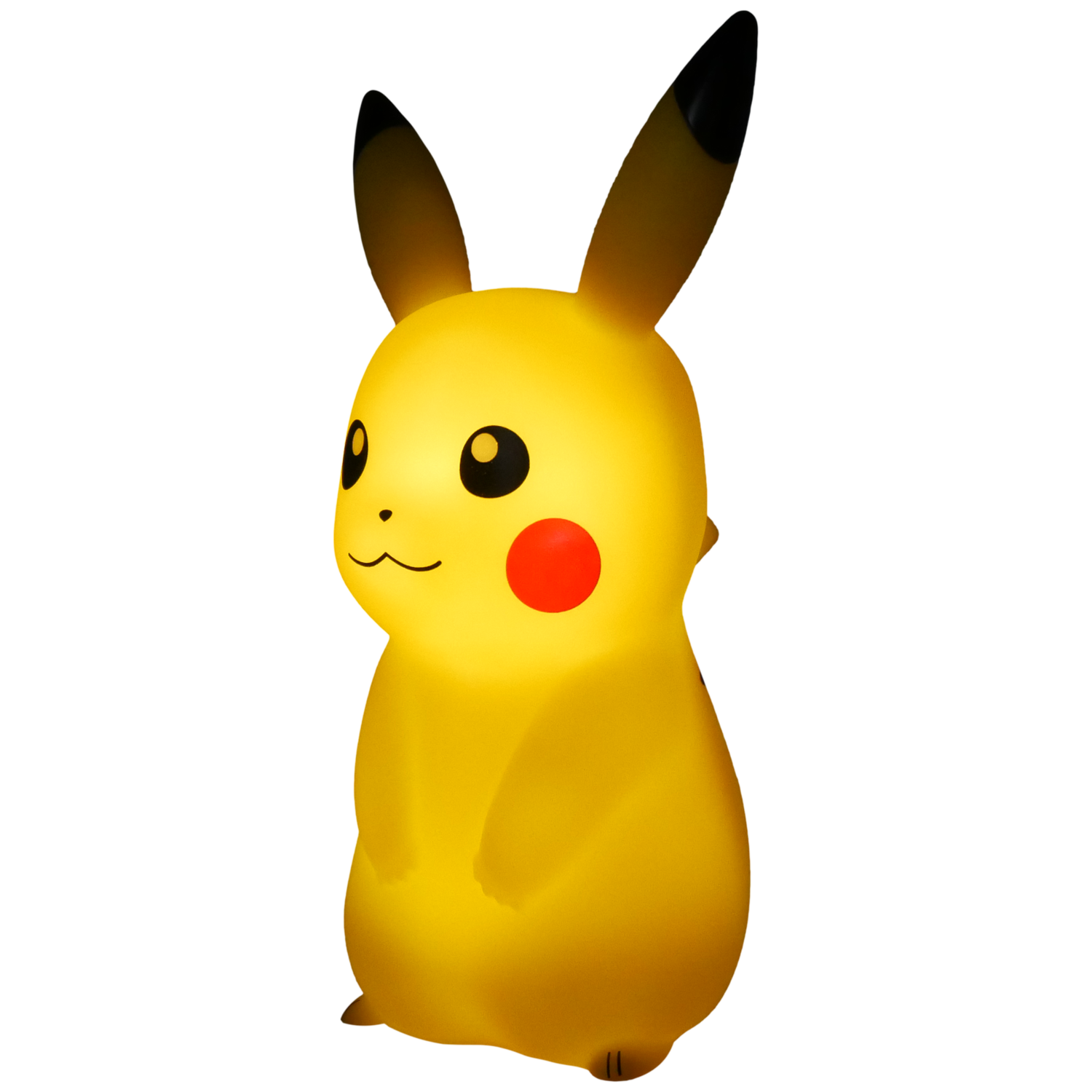 A yellow Pikachu lamp stands on a white background. It has black-tipped ears, black eyes, a red cheek, and a smiling mouth.