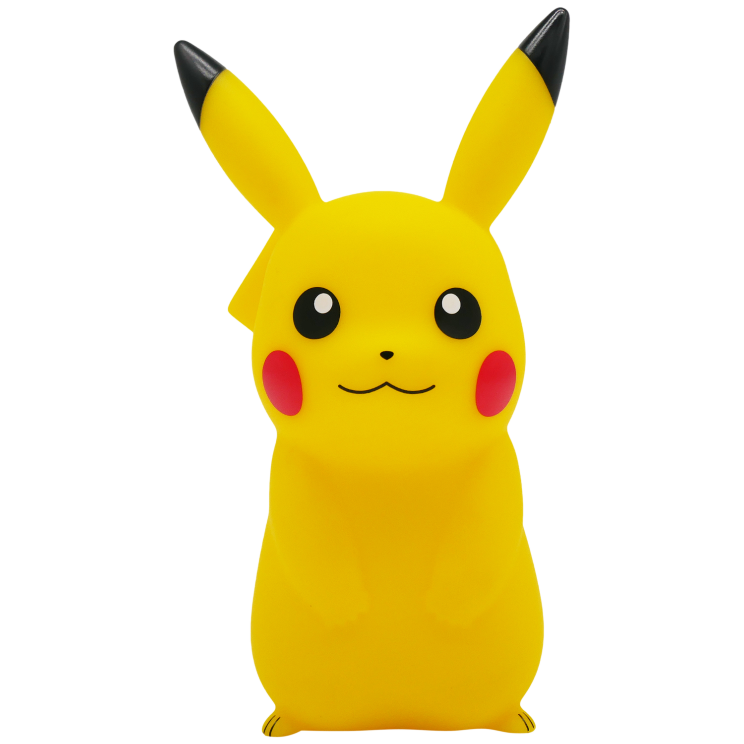 A yellow Pikachu figurine with black-tipped ears, red cheeks, black eyes, and a small smile, stands against a white background.