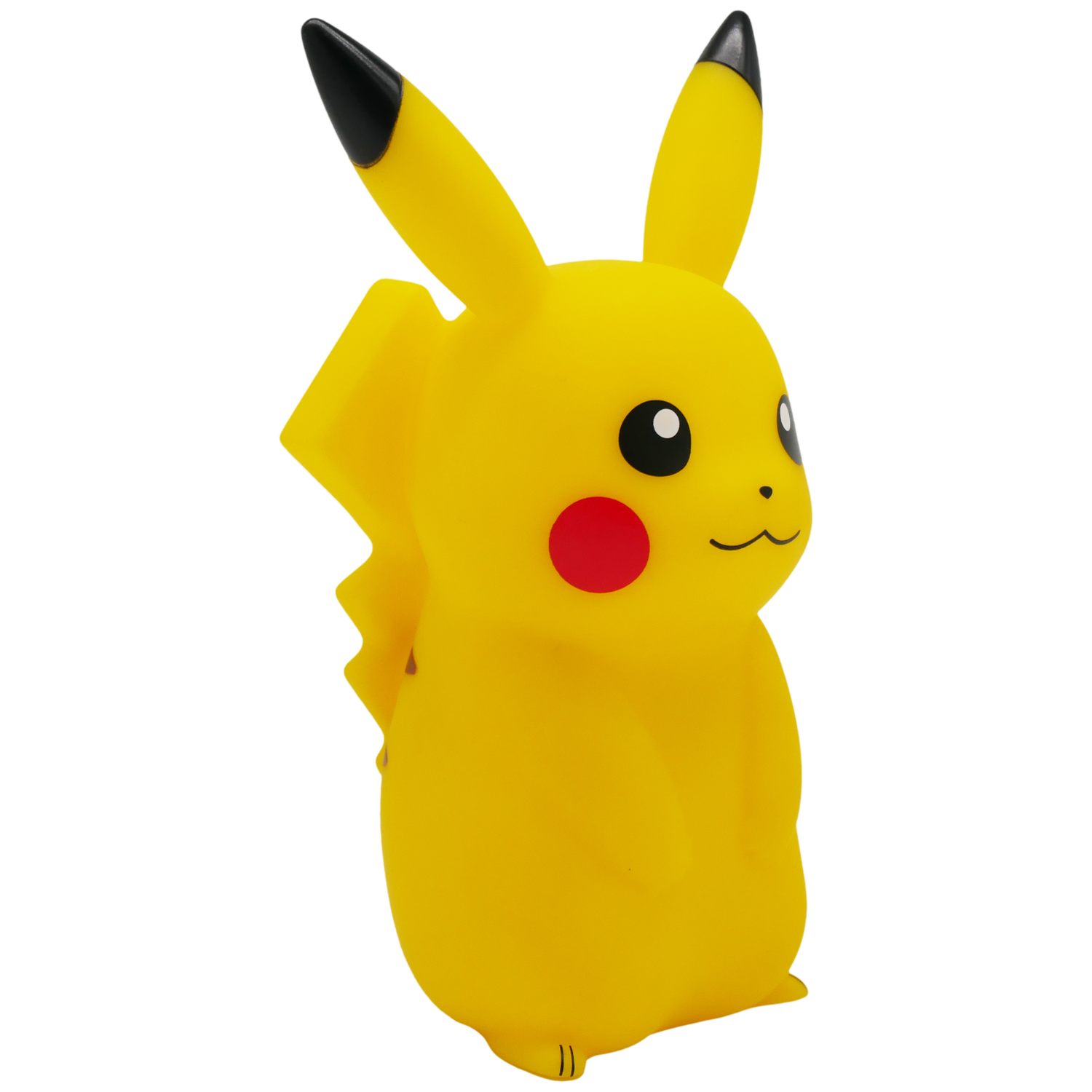 A yellow Pikachu figurine with black-tipped ears, red cheeks, and a black-outlined mouth stands against a white background.