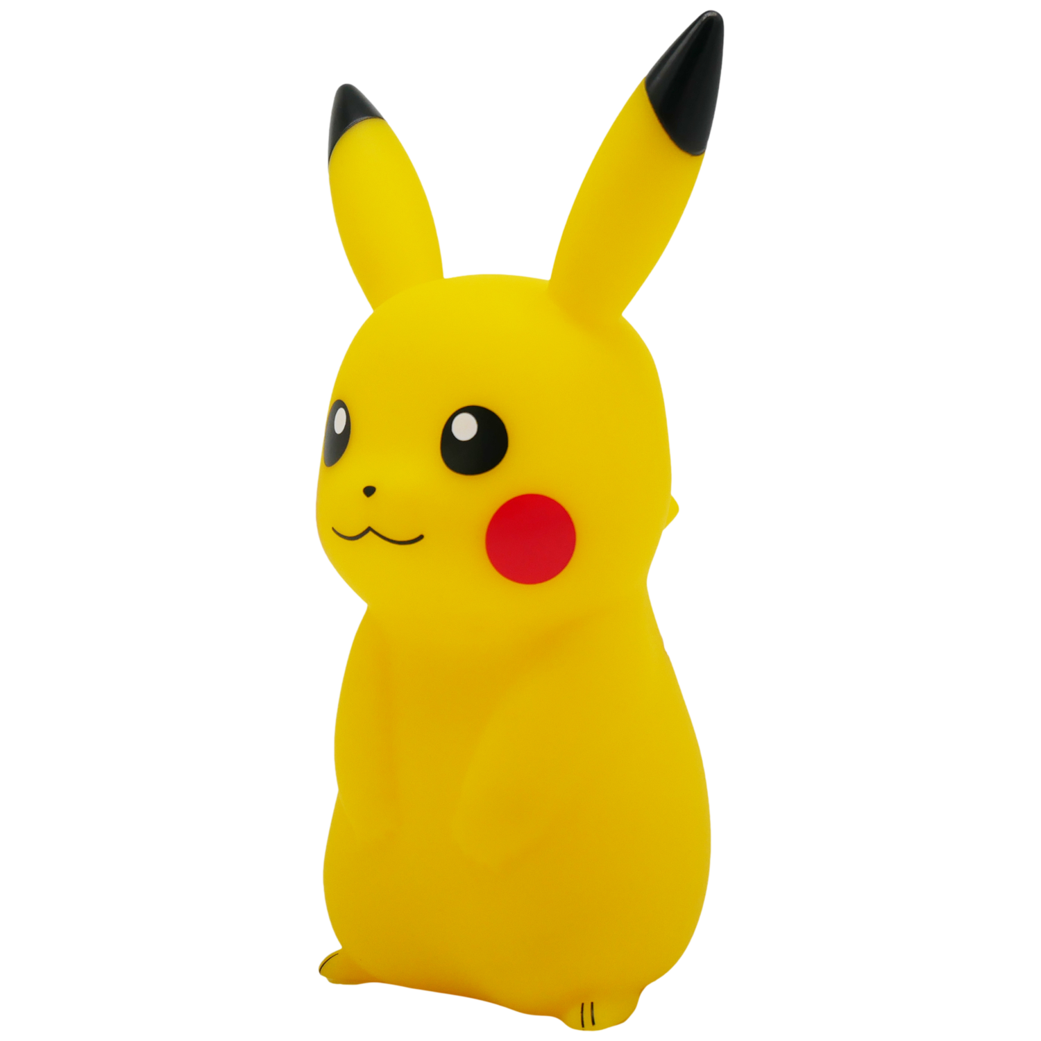 A yellow Pikachu figurine with black-tipped ears, red cheeks, and a black smile, standing against a white background.