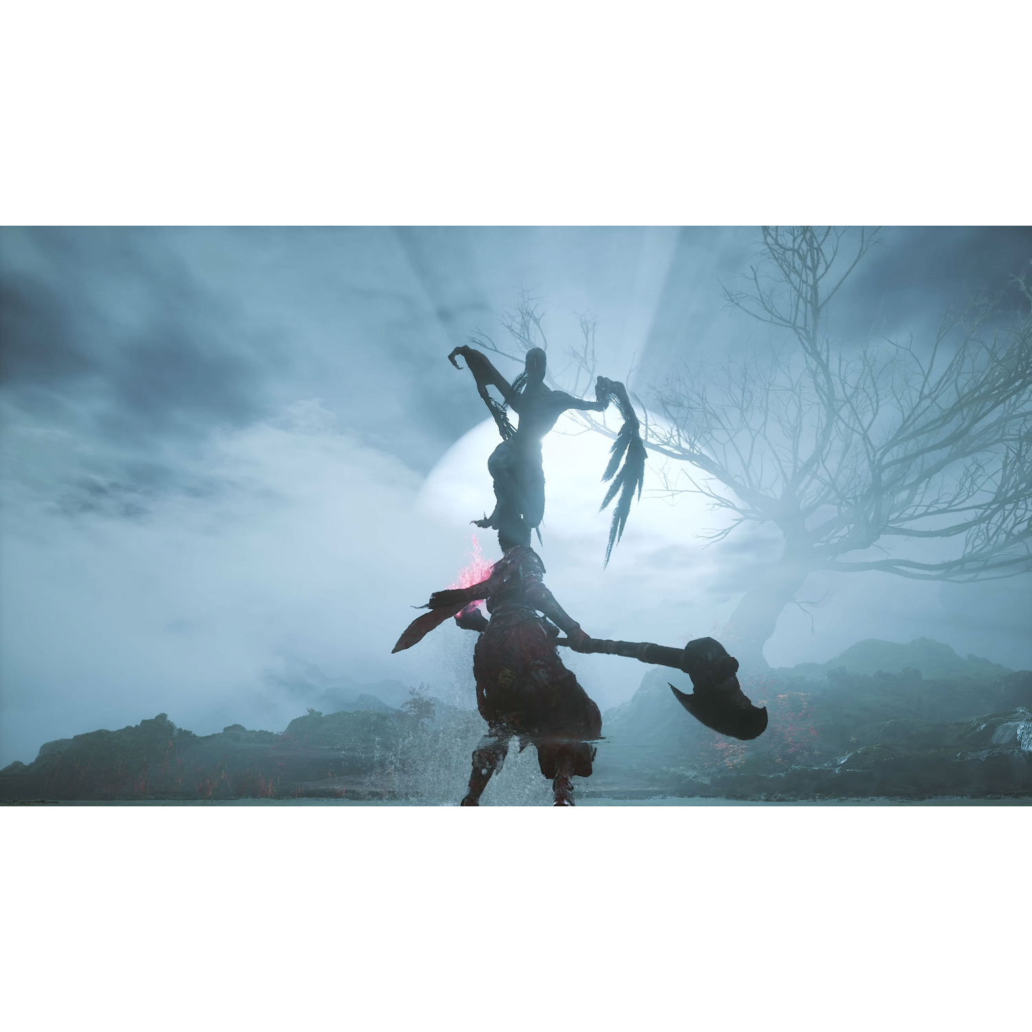 Deux personnages posent dans une scène dramatique. L'un tient une grande hache. Des montagnes brumeuses et un grand arbre en arrière-plan.