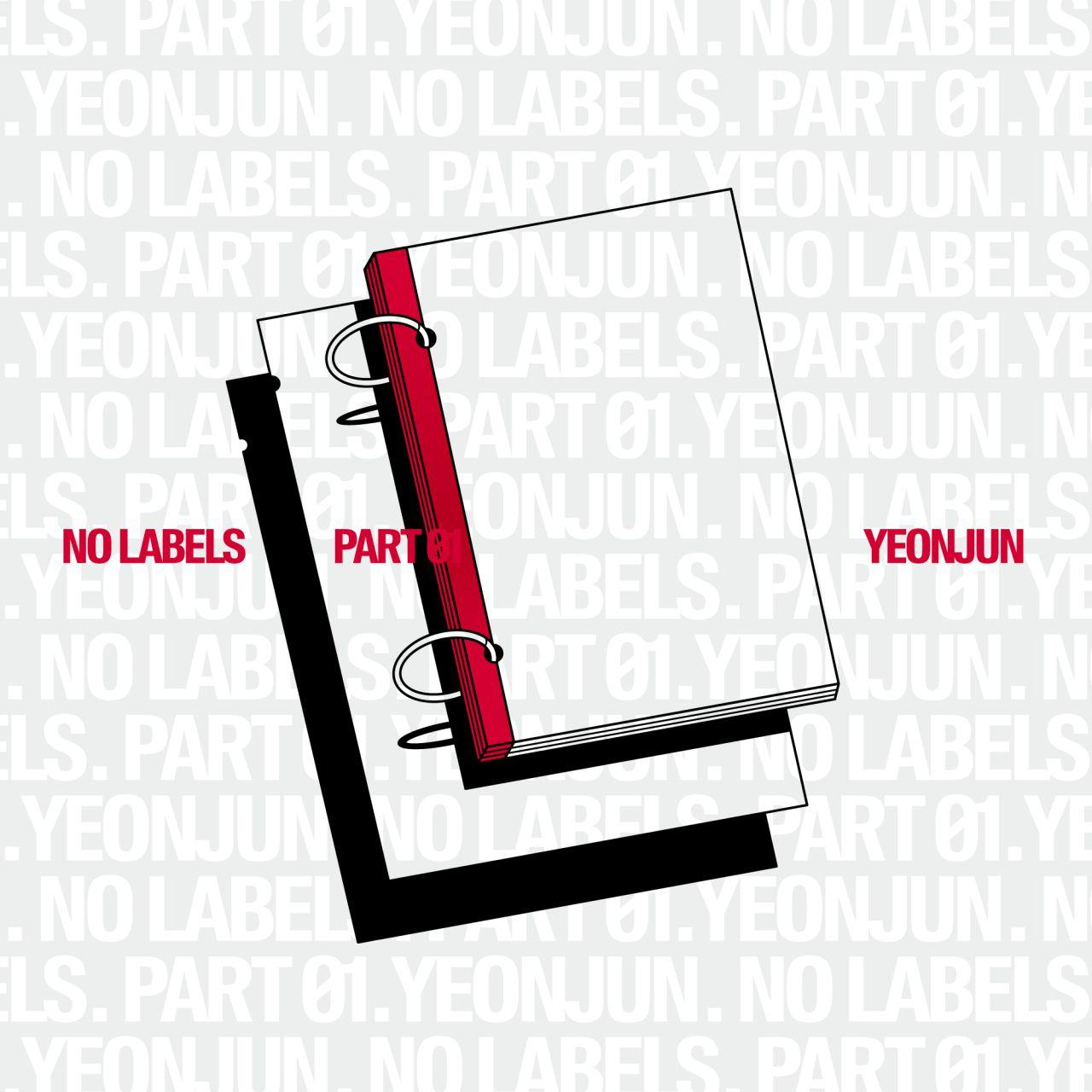 Notizbuch mit rotem Rücken und schwarzer Umrandung, Text 'NO LABELS PART 01 YEONJUN' auf grauem Hintergrund.