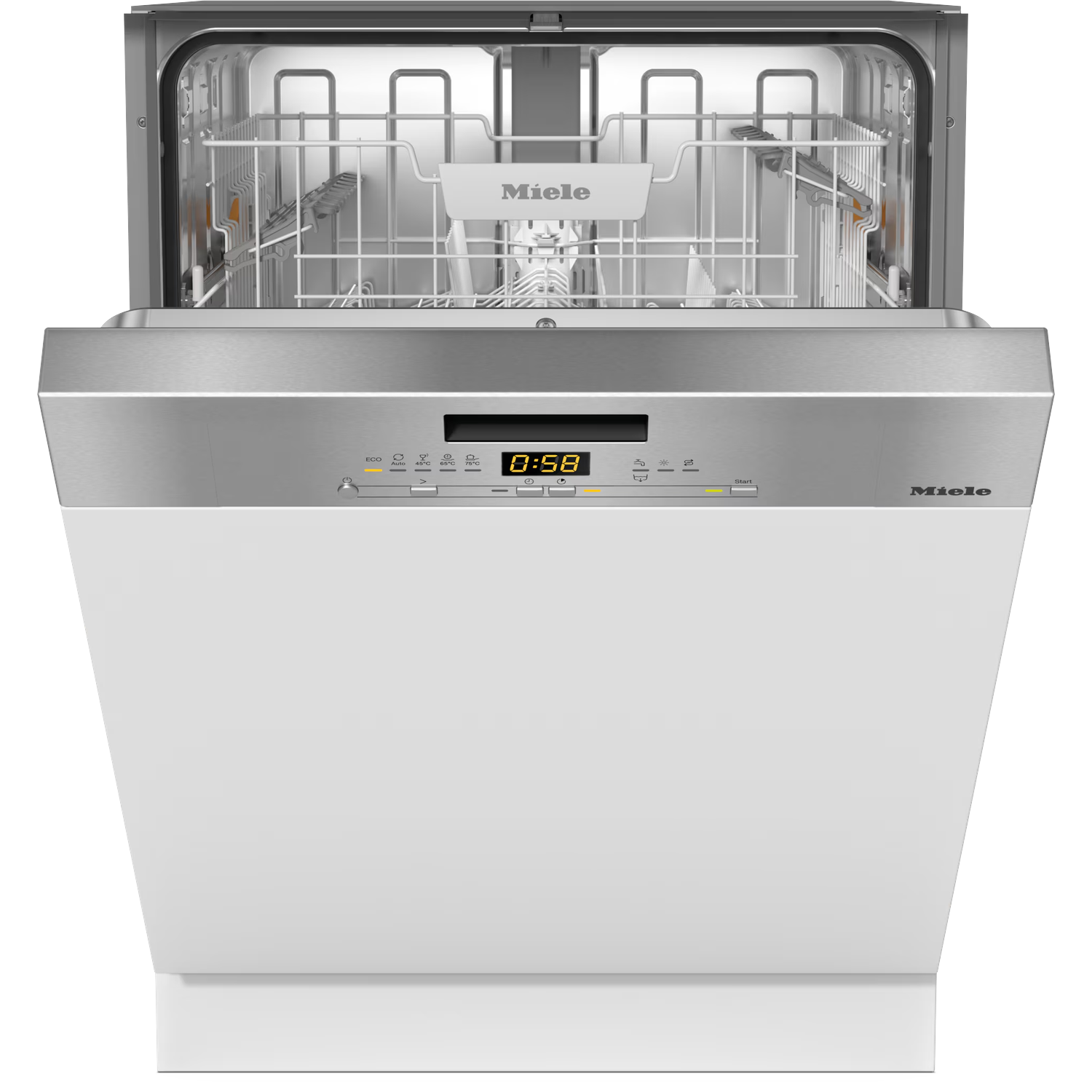 Open Miele vaatwasser met zichtbare binnenrekken. Digitaal display toont 0:58. Zilver en wit exterieur met bedieningspaneel.