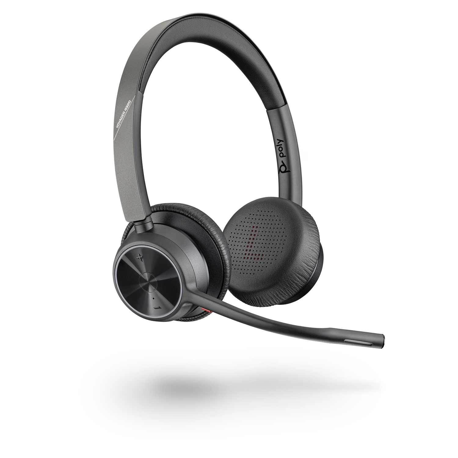 Auriculares inalámbricos negros y grises con micrófono. Los auriculares tienen el logotipo de Poly y las palabras 'Voyager 4220'.