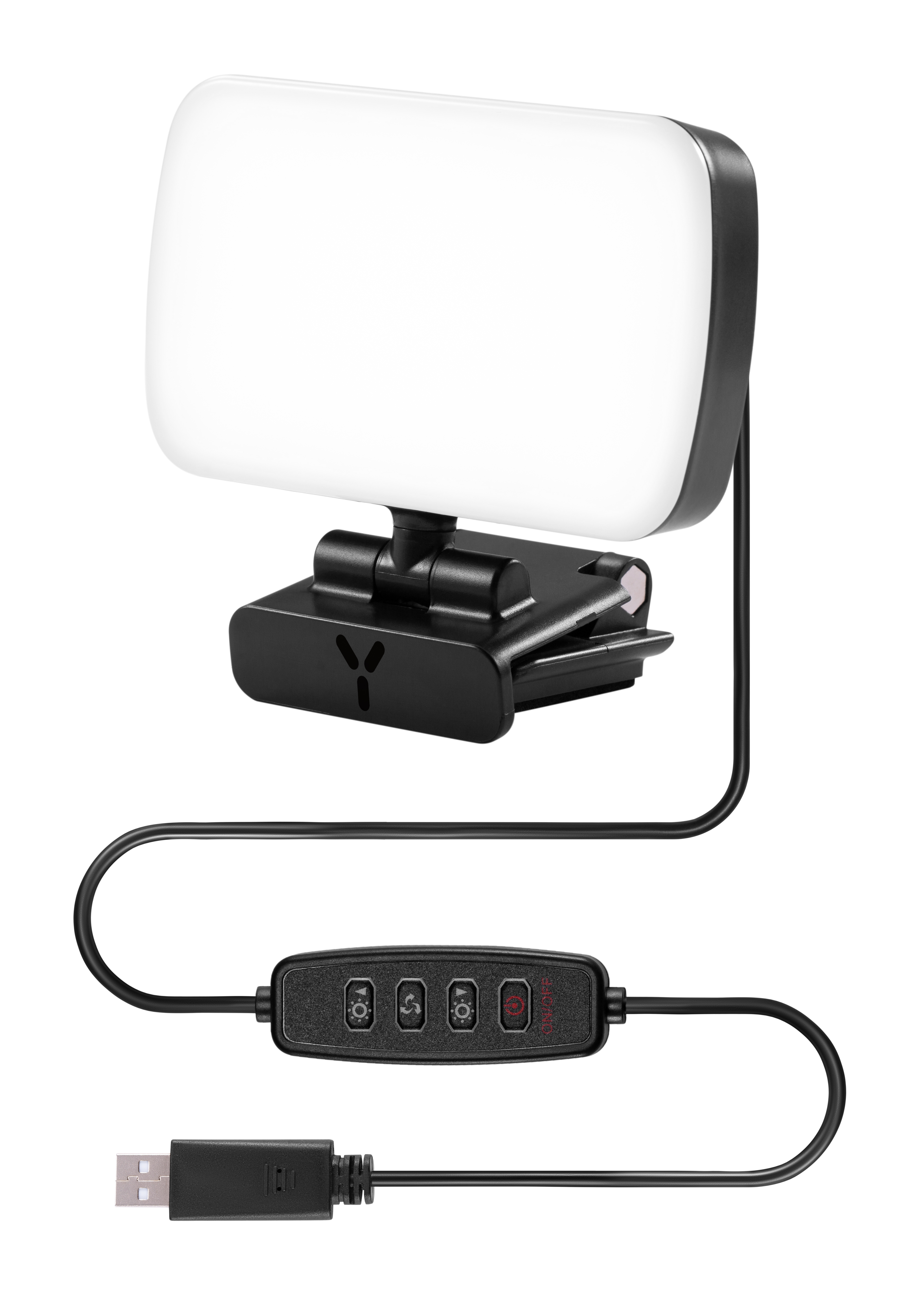 Czarna lampa LED z białym panelem świetlnym. Posiada kabel USB z panelem sterowania i przyciskiem zasilania.