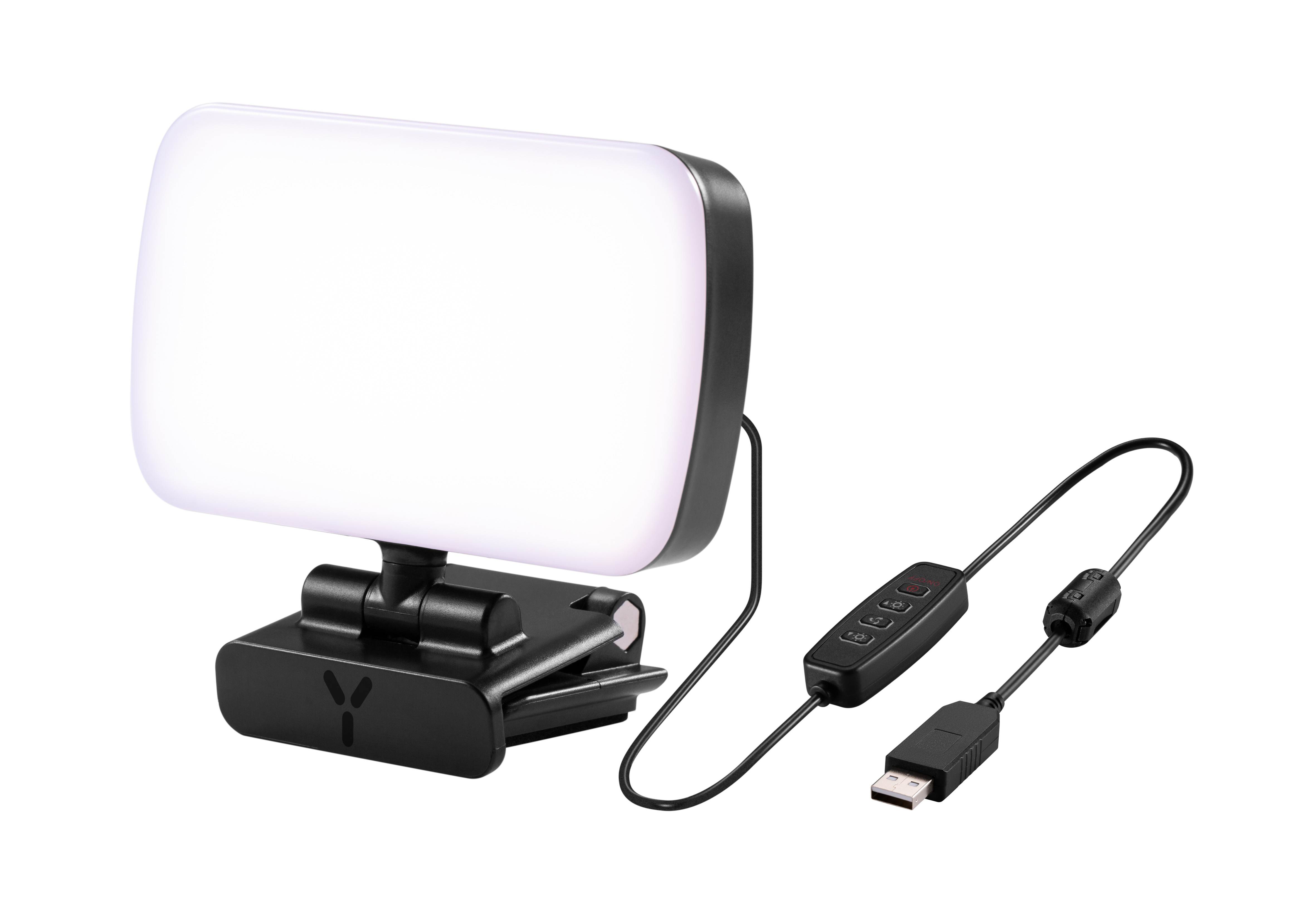 Czarna lampa LED do rozmów wideo. Ma jasne białe światło, klips, kabel USB i przyciski sterujące.