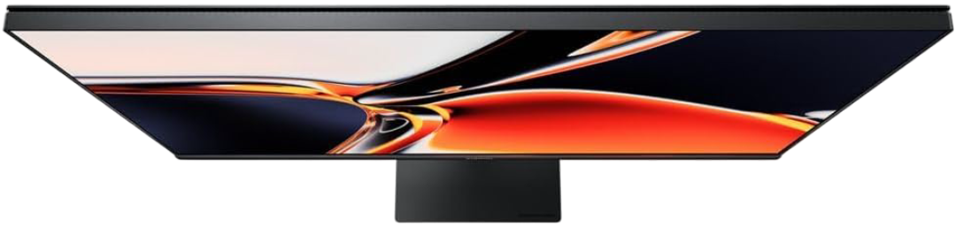 Un monitor de computadora con marco y soporte negros. La pantalla muestra un diseño abstracto con colores naranja, blanco y oscuros.