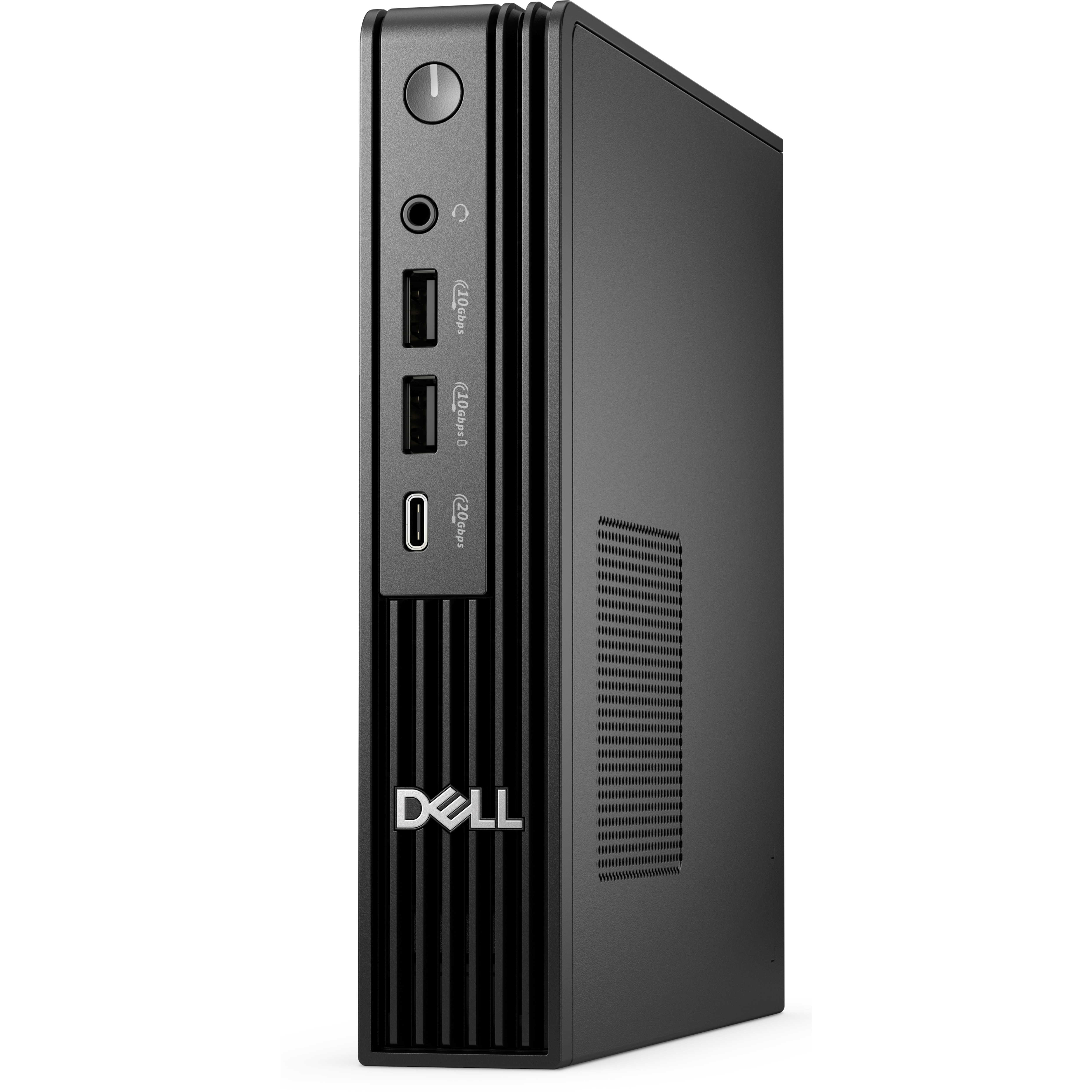 Ein schwarzer Dell-Computer. Er hat einen Ein-/Ausschalter, Audio-Anschlüsse, USB-Anschlüsse und ein Lüftungsgitter.