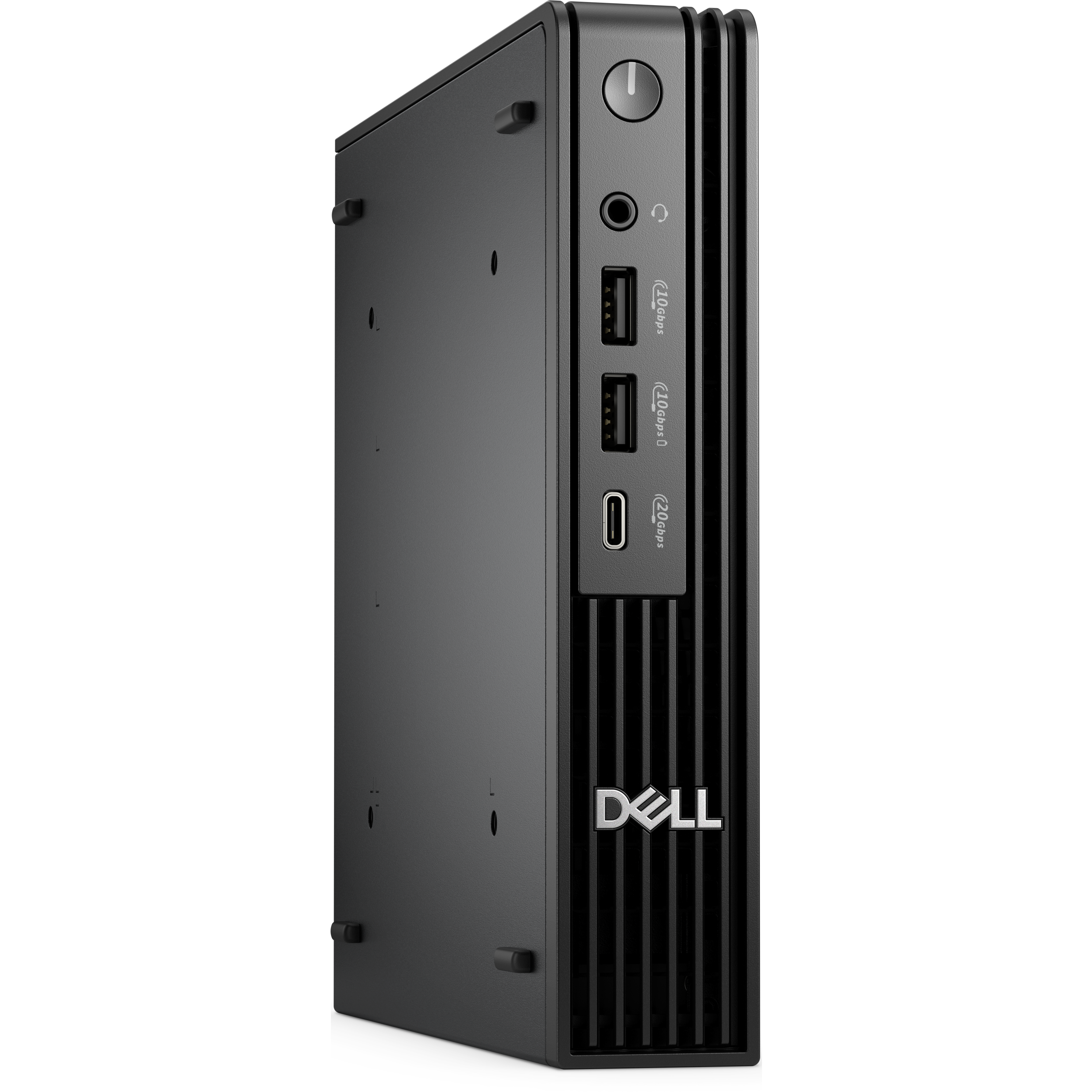 Ein schwarzer Dell-Computer. Er hat einen Einschaltknopf, Kopfhöreranschluss, USB-Anschlüsse und ein Dell-Logo.