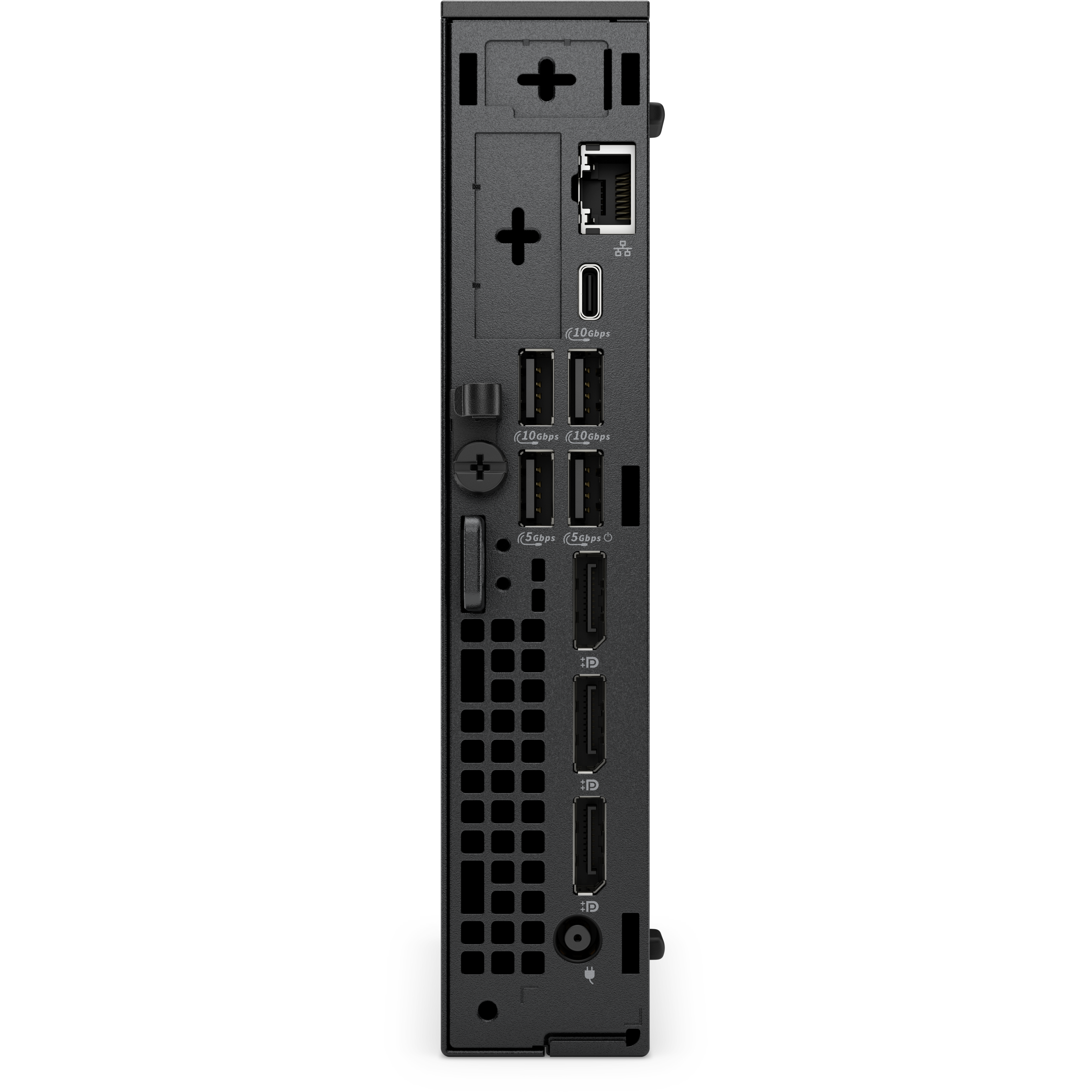 Schwarze Computerkomponente mit Anschlüssen, einschließlich USB, HDMI und Ethernet. Merkmale sind Lüftungsschlitze und ein Stromeingang.