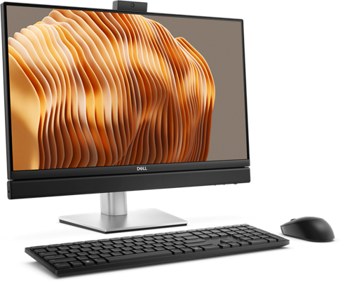 Dell All-in-One-Computer. Er hat einen Monitor, der ein wellenförmiges orangefarbenes Muster anzeigt. Tastatur, Maus und Webcam sind davor.