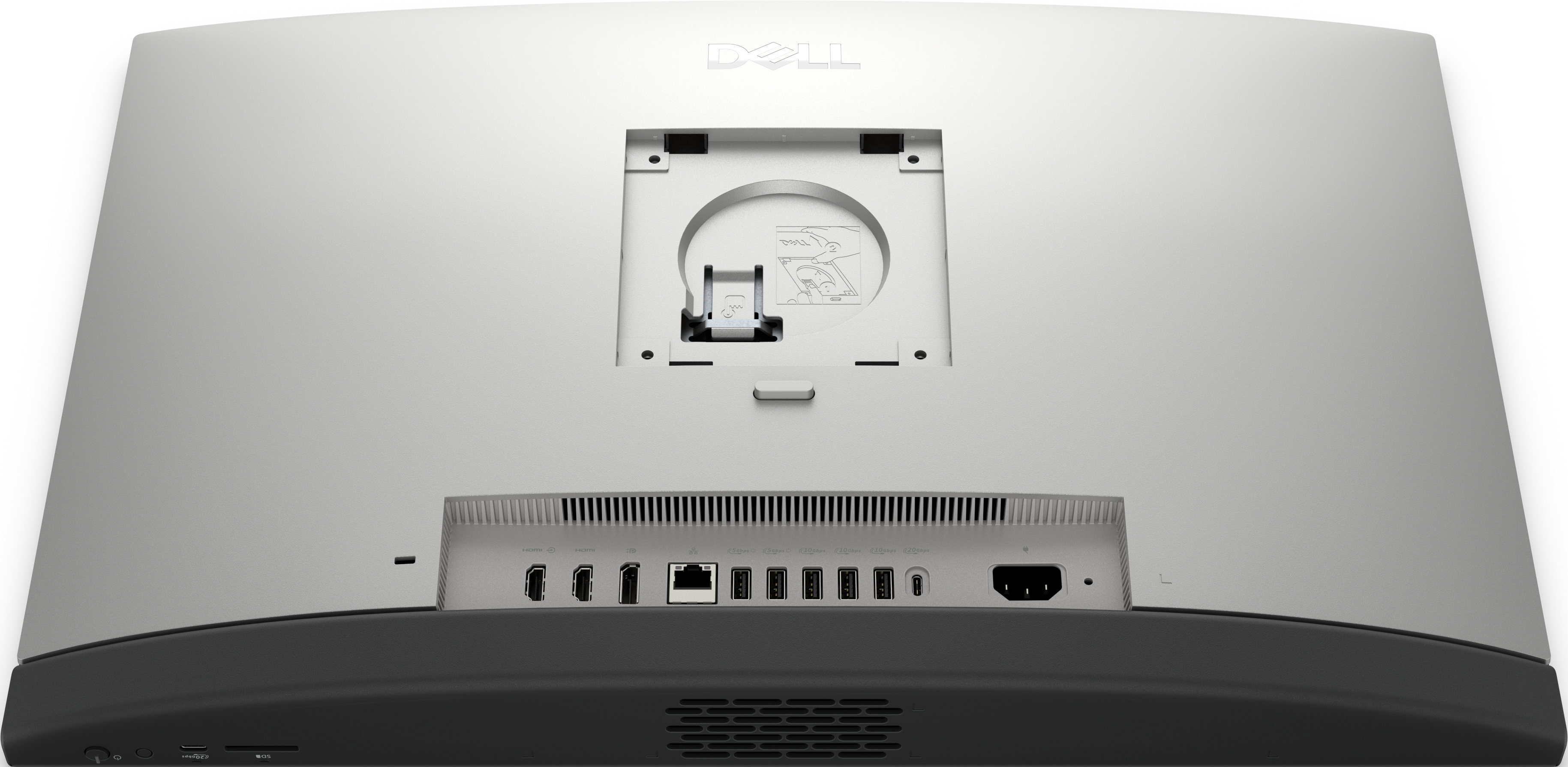 Rückseite eines Dell-Computermonitors. Es hat Anschlüsse, eine Halterung und das Dell-Logo.