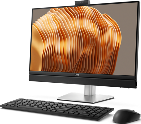 Dell All-in-One-Computer mit Tastatur und Maus. Der Bildschirm zeigt ein abstraktes orange-braunes Wellenmuster.