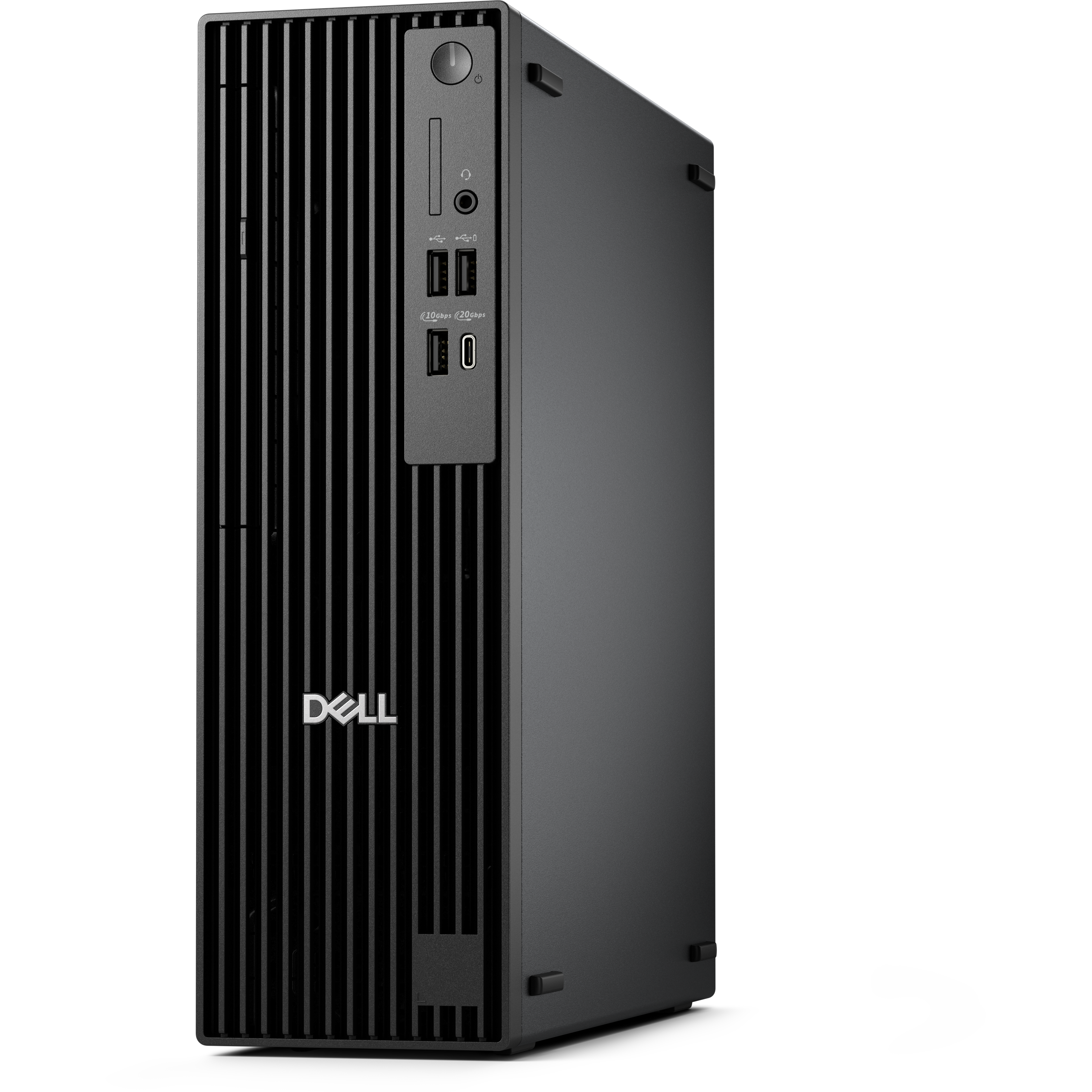 Schwarzer Dell Desktop-Computer. Er hat ein vertikales Design mit einer Frontplatte mit Lüftungsschlitzen, Anschlüssen und dem Dell-Logo.