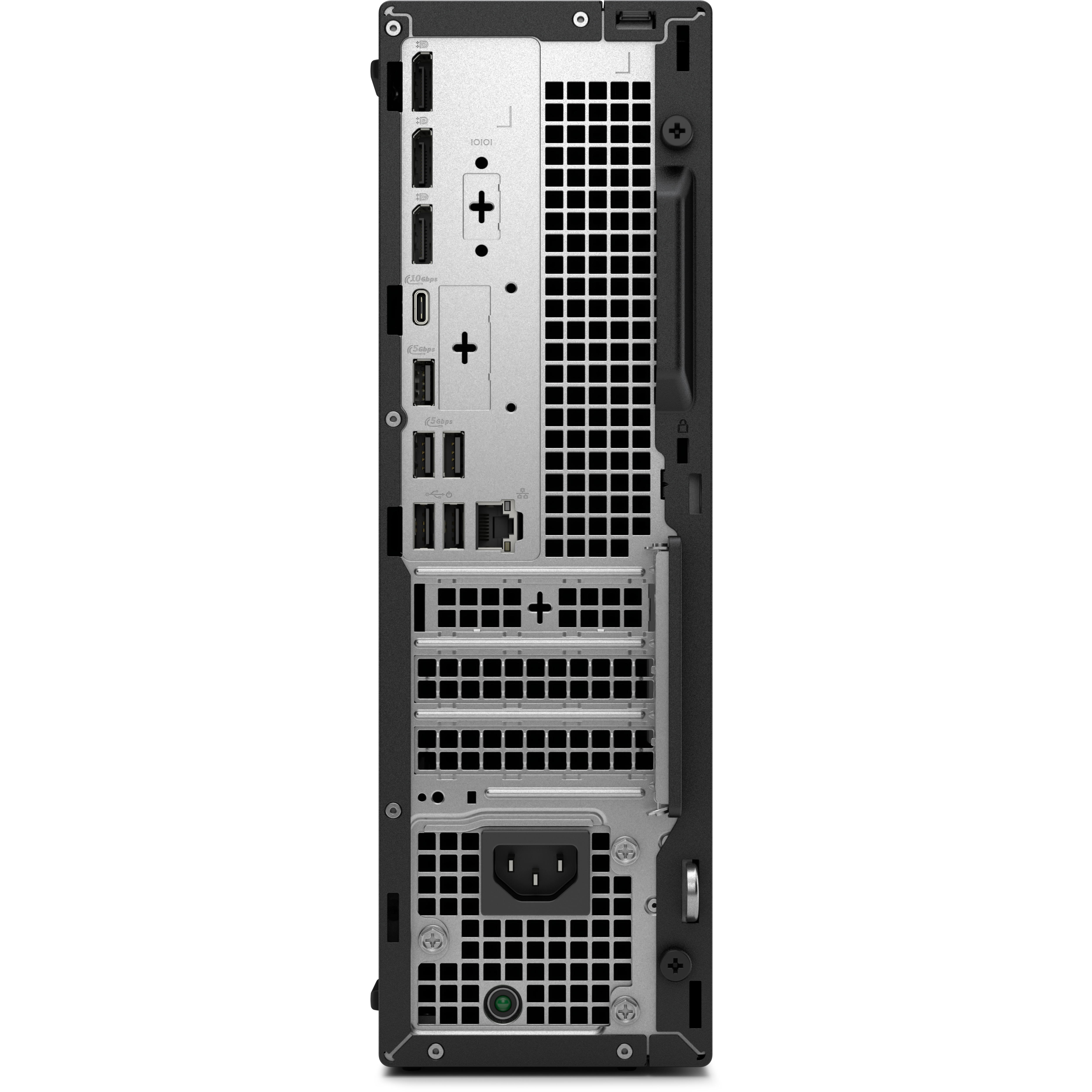Die Rückseite eines schwarzen Computergehäuses. Es hat Anschlüsse, Lüftungsschlitze und einen Stromanschluss.