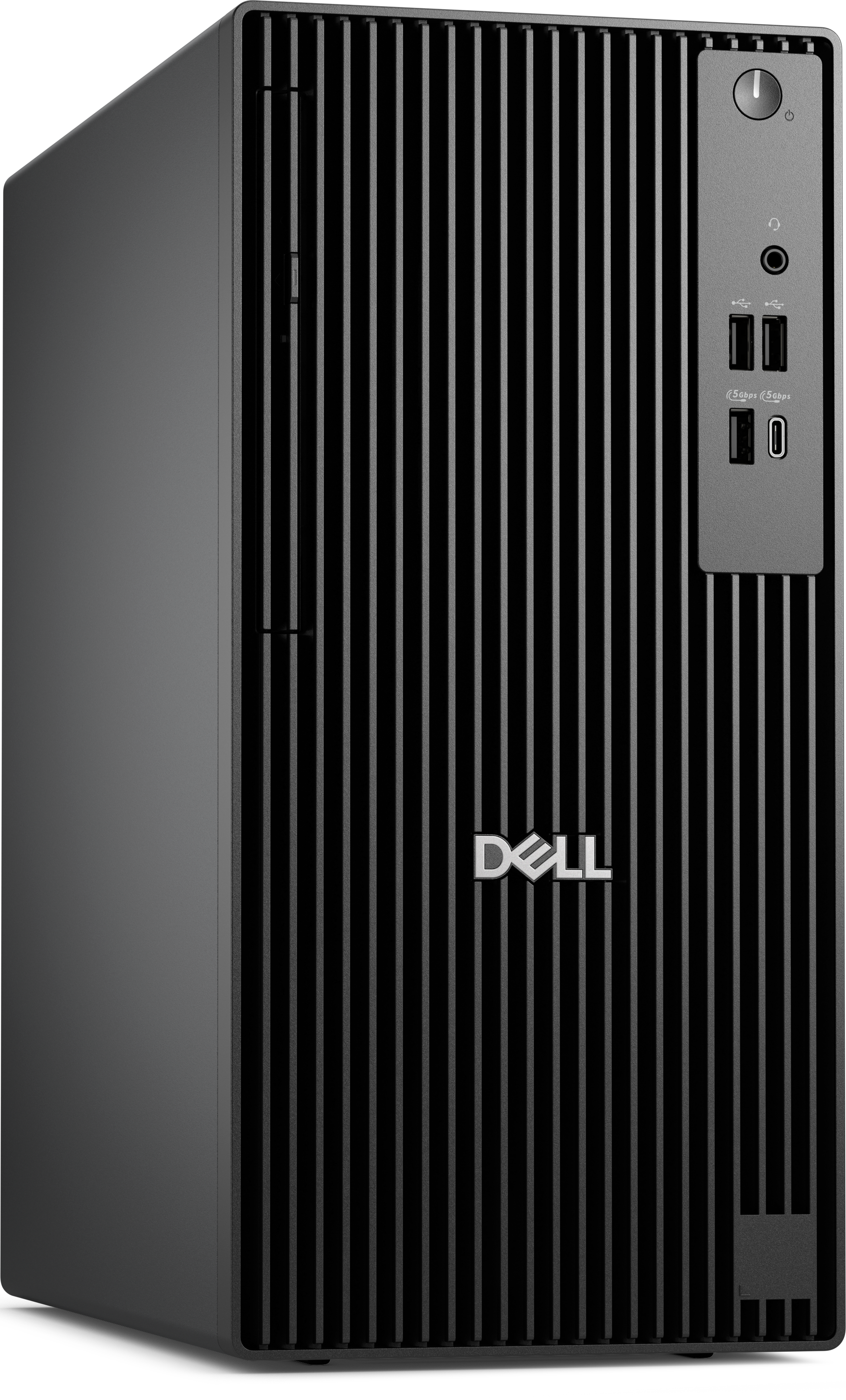 Ein schwarzer Dell-Desktop-Computer mit vertikalen Linien auf der Vorderseite. Er hat einen Einschaltknopf, Anschlüsse und das Dell-Logo.