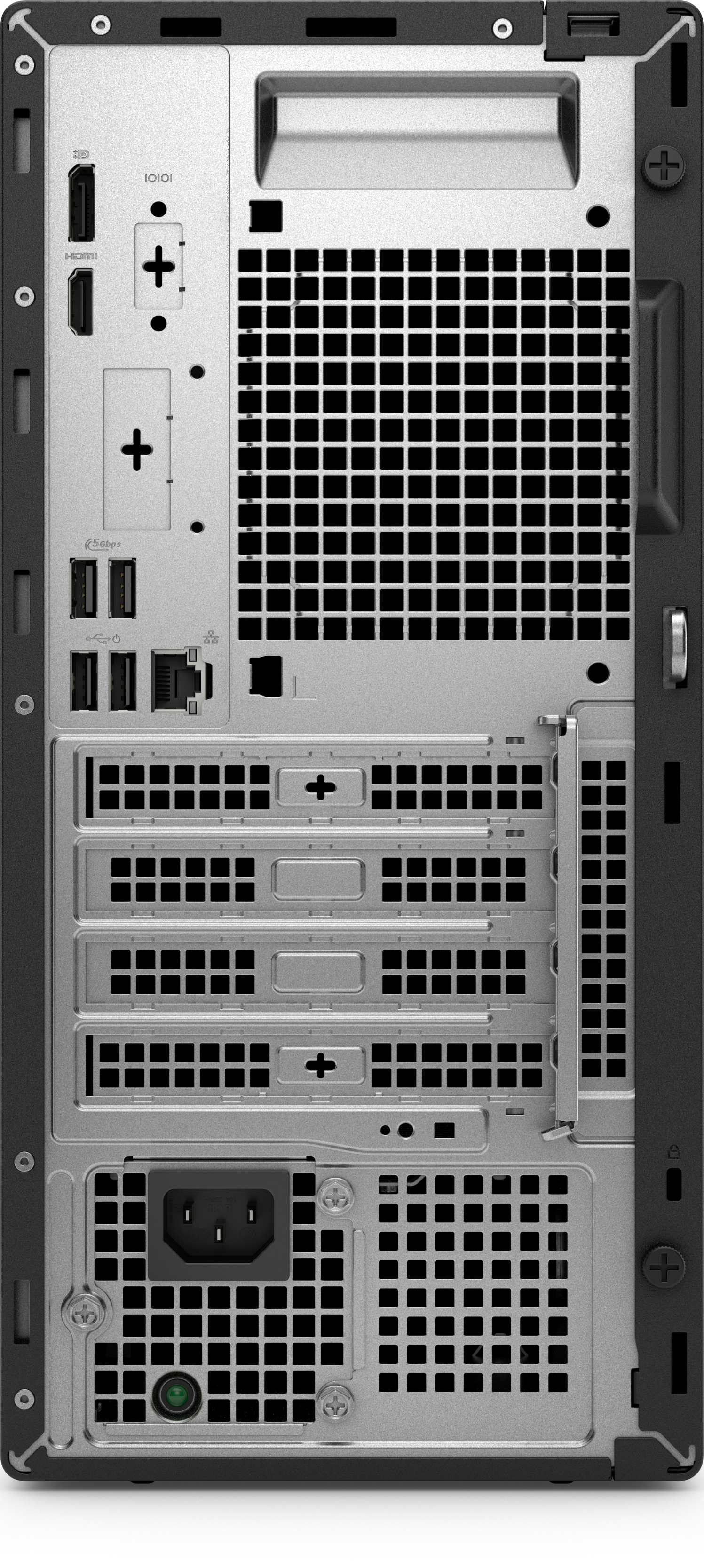 Die Rückseite eines Computerturms. Es hat verschiedene Anschlüsse, Lüftungsschlitze und eine Steckdose. Die Farbe ist Silber und Schwarz.