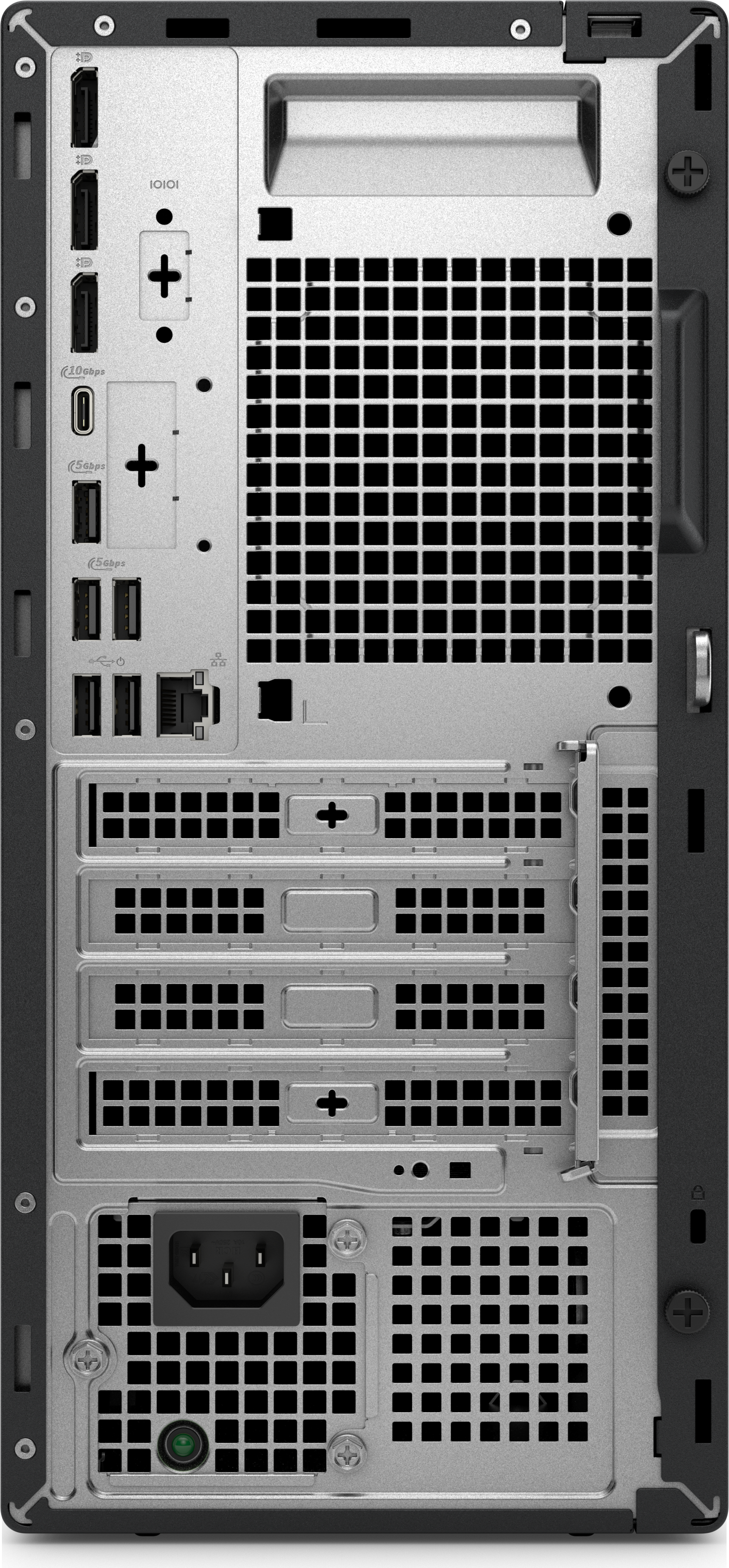 Rückseite eines Computergehäuses mit verschiedenen Anschlüssen, Lüftungsschlitzen und einem Netzanschluss. Enthält USB, HDMI und andere Anschlüsse.