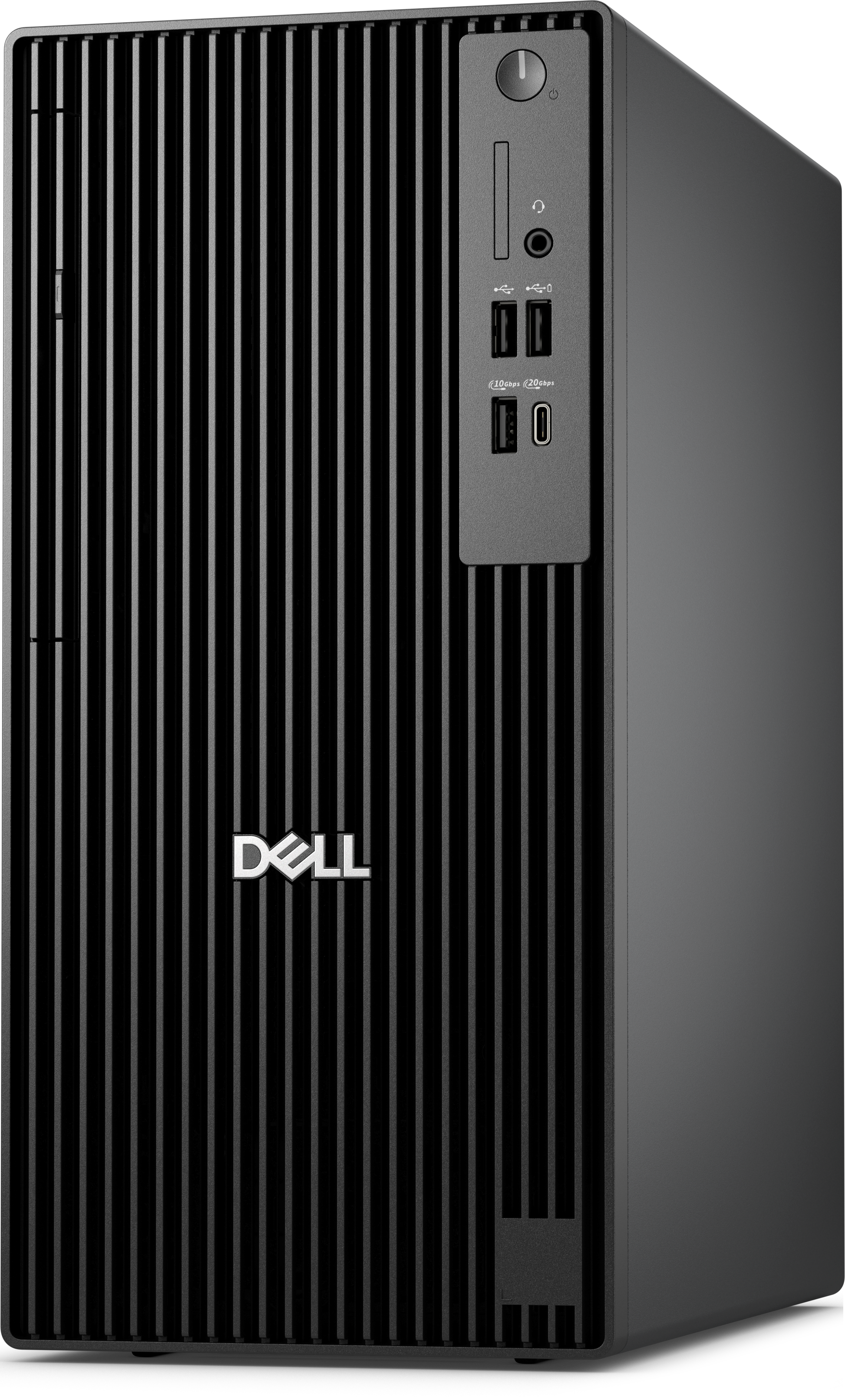 Ein schwarzer Dell Desktop-Computer. Es hat vertikale Linien auf der Vorderseite, Anschlüsse und das Dell-Logo.