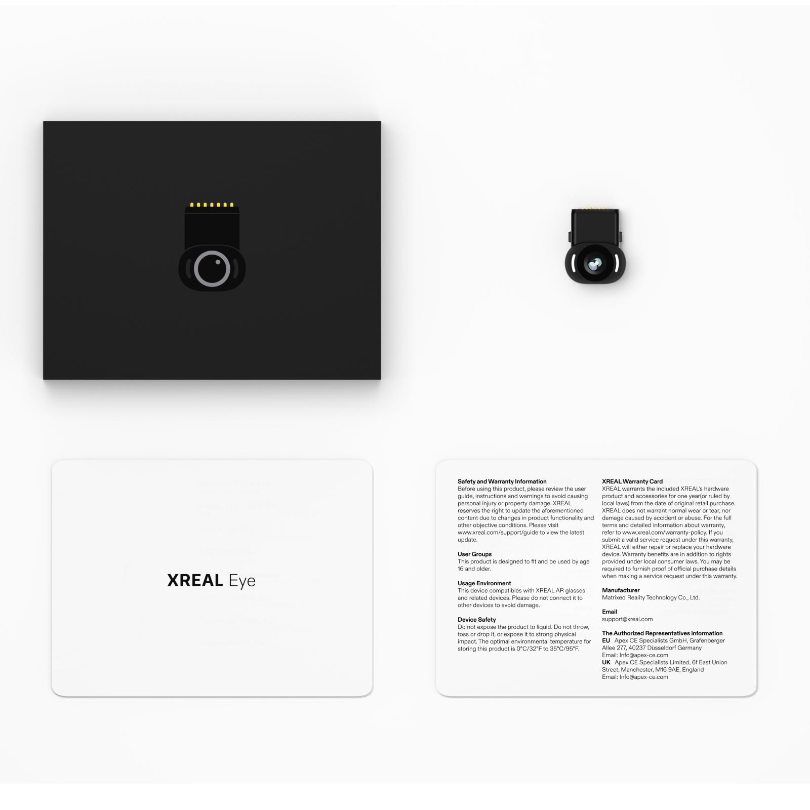 Das Bild zeigt ein schwarzes Gerät mit Kameralinse. Text: 'XREAL Eye' und Sicherheitsinformationen.