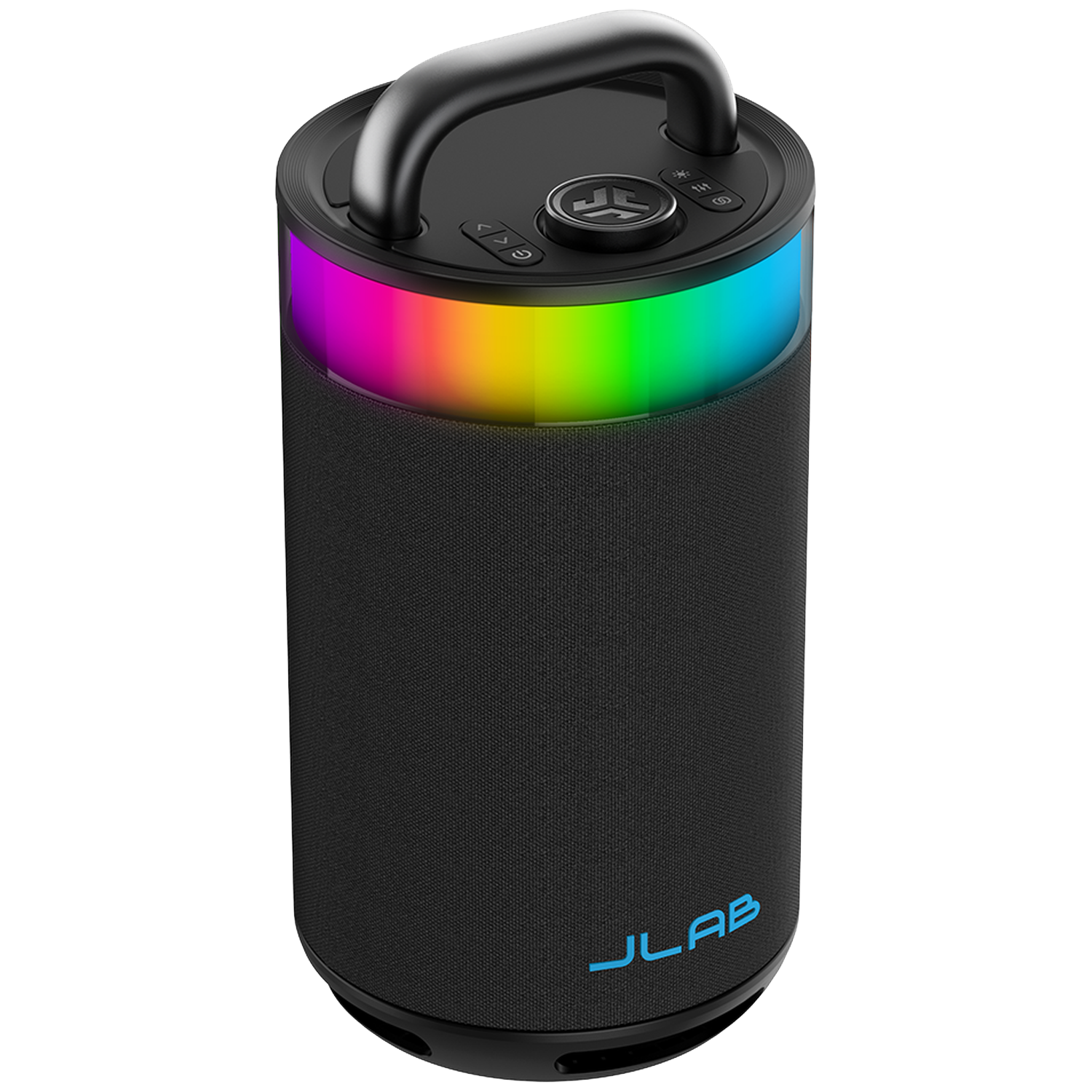 Zwarte cilindrische luidspreker met een handvat. De bovenkant heeft knoppen. De luidspreker heeft een regenbooglichtstrip. Het merk JLab is zichtbaar.
